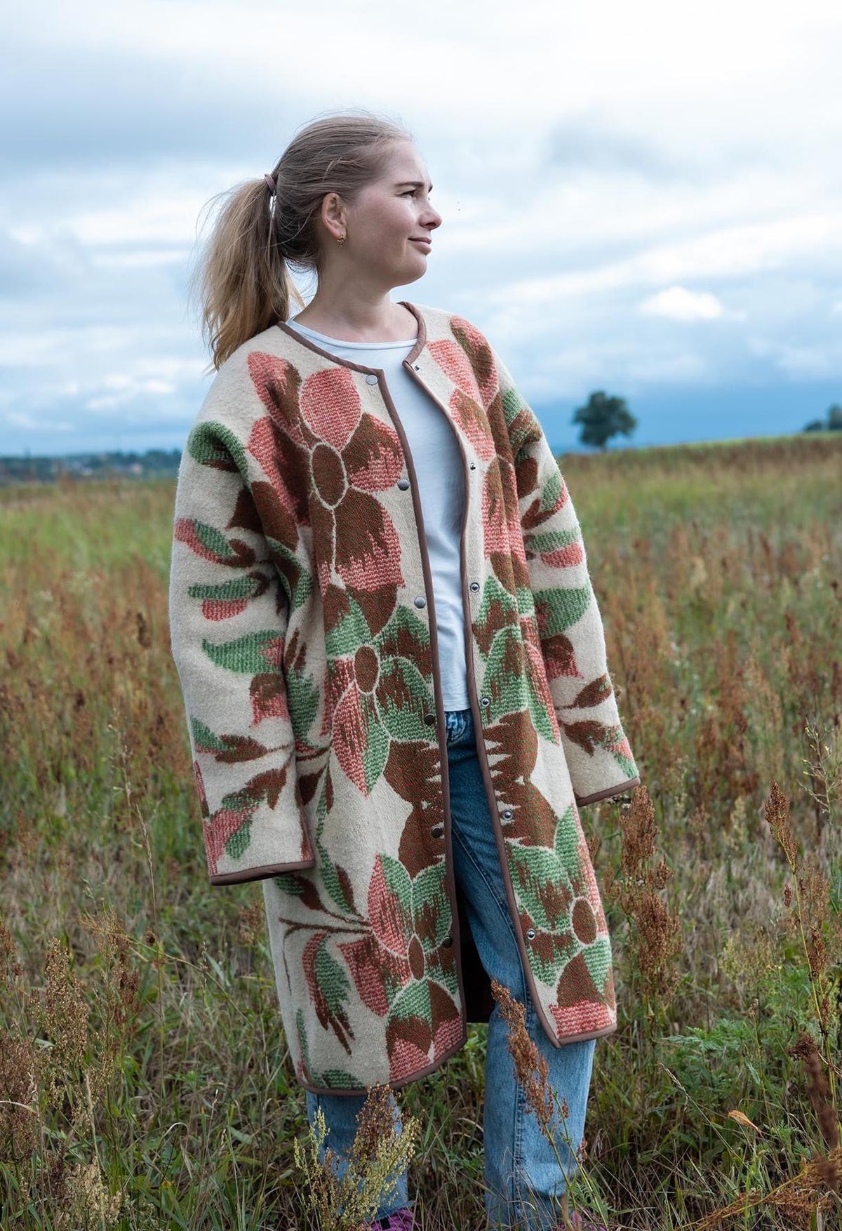Upcycled Wool Blanket Coat, Floral Tapestry, Boho Overcoat, M/L