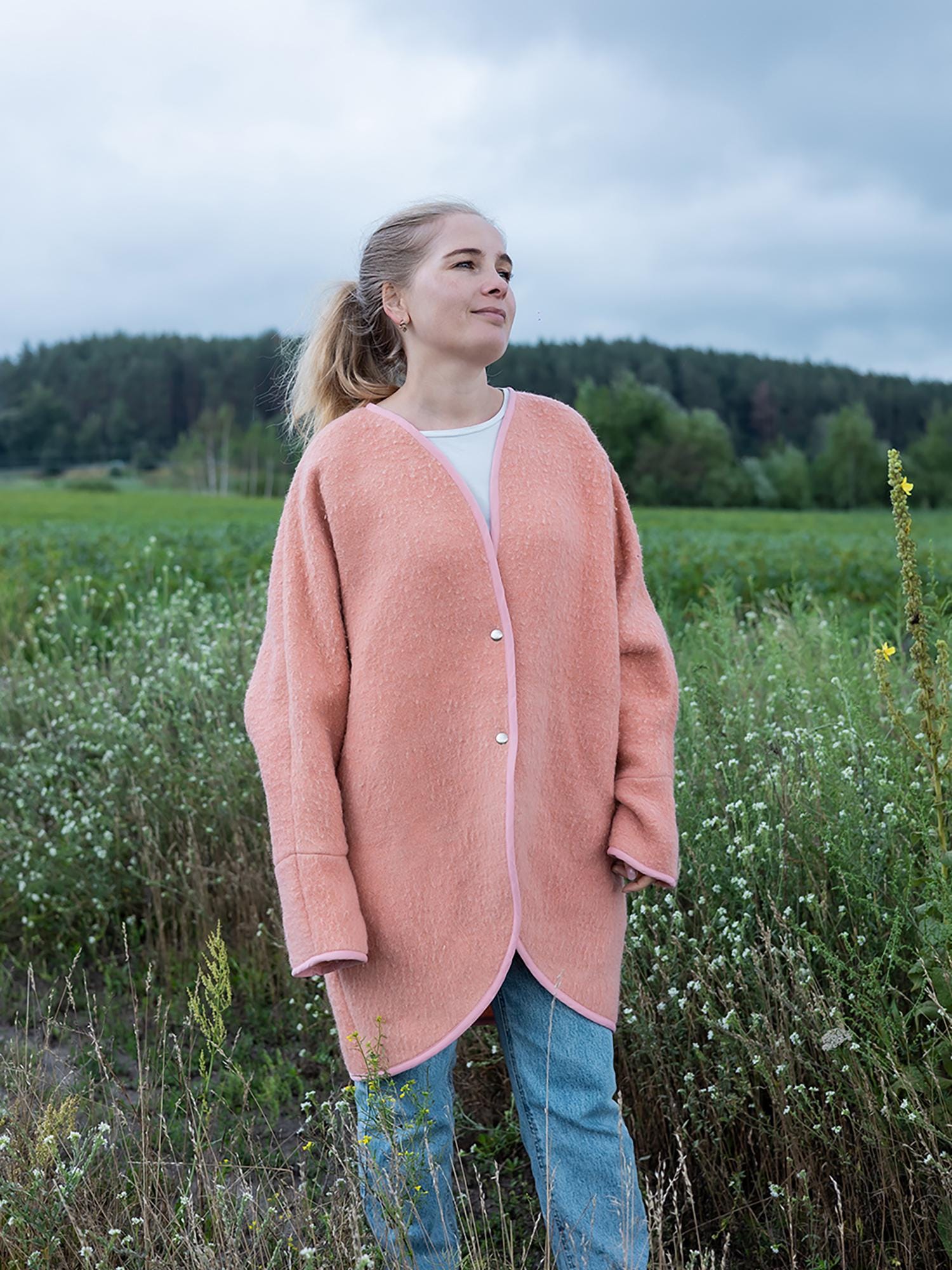 Handmade Pink Wool Coat M L, Upcycled Vintage Blanket Jacket, Oversized Cardigan, Soft Boho Outerwear, Women’s Warm Wool Coat