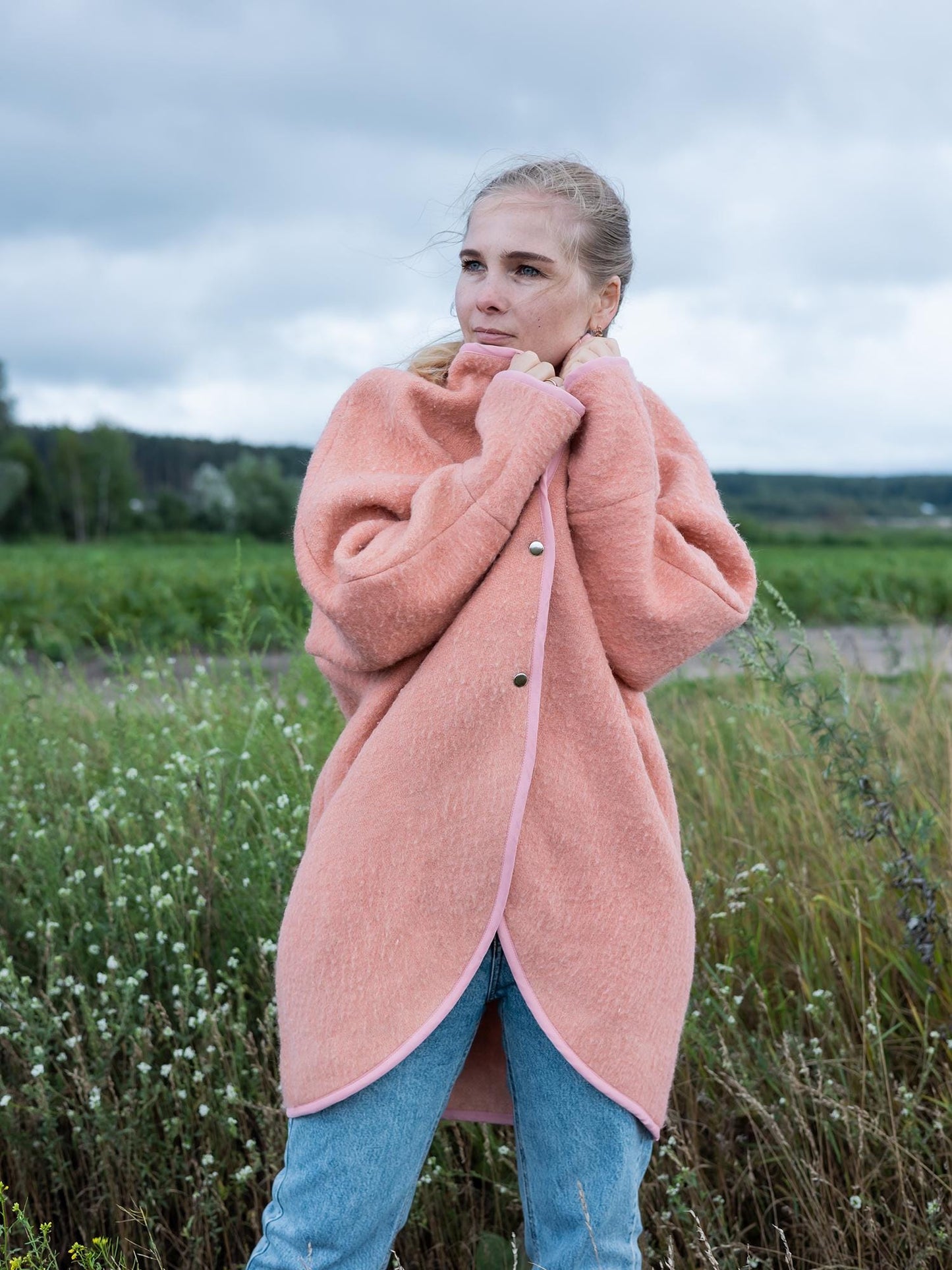 Handmade Pink Wool Coat M L, Upcycled Vintage Blanket Jacket, Oversized Cardigan, Soft Boho Outerwear, Women’s Warm Wool Coat
