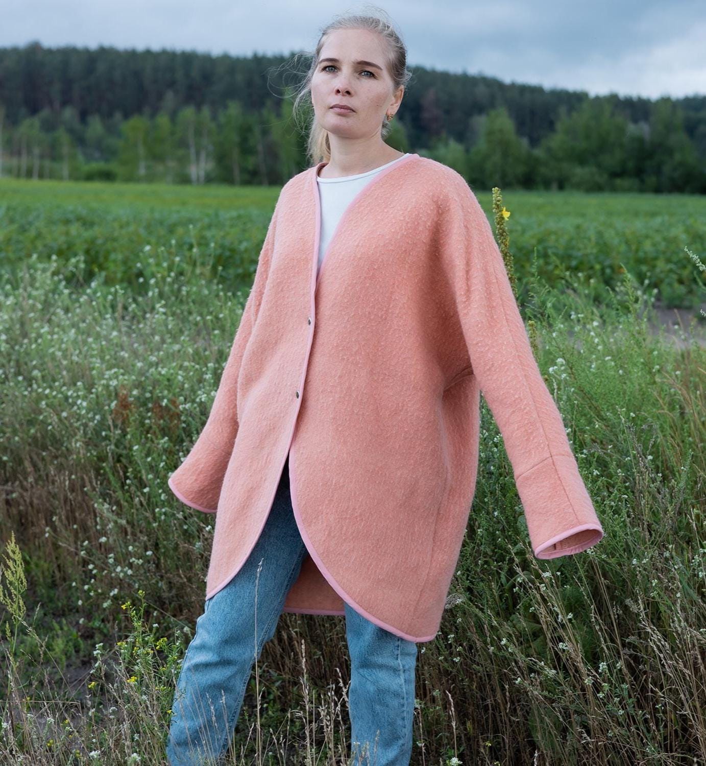 Handmade Pink Wool Coat M L, Upcycled Vintage Blanket Jacket, Oversized Cardigan, Soft Boho Outerwear, Women’s Warm Wool Coat