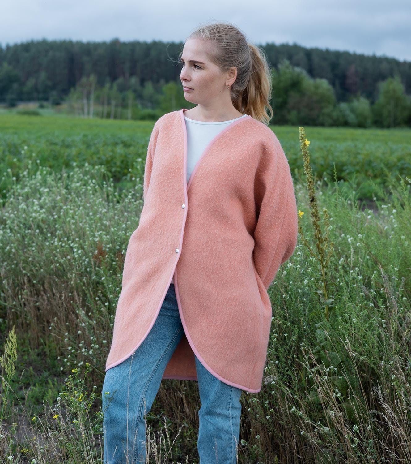 Handmade Pink Wool Coat M L, Upcycled Vintage Blanket Jacket, Oversized Cardigan, Soft Boho Outerwear, Women’s Warm Wool Coat