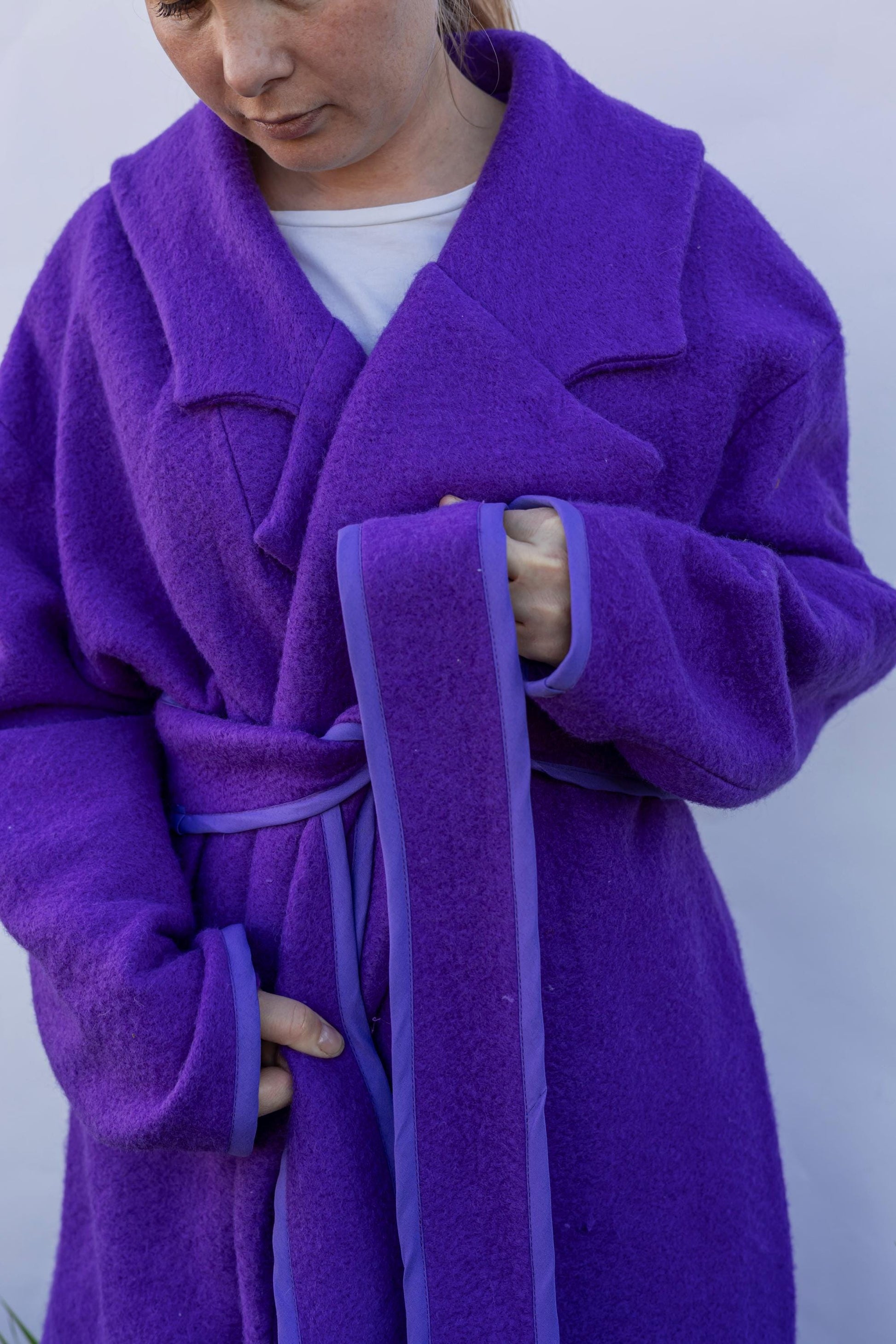 Blanket coat size L 48, bright purple wool jacket, vintage vibrant violet blanket jacket recycled,upcycled handmade blanket long coat women.