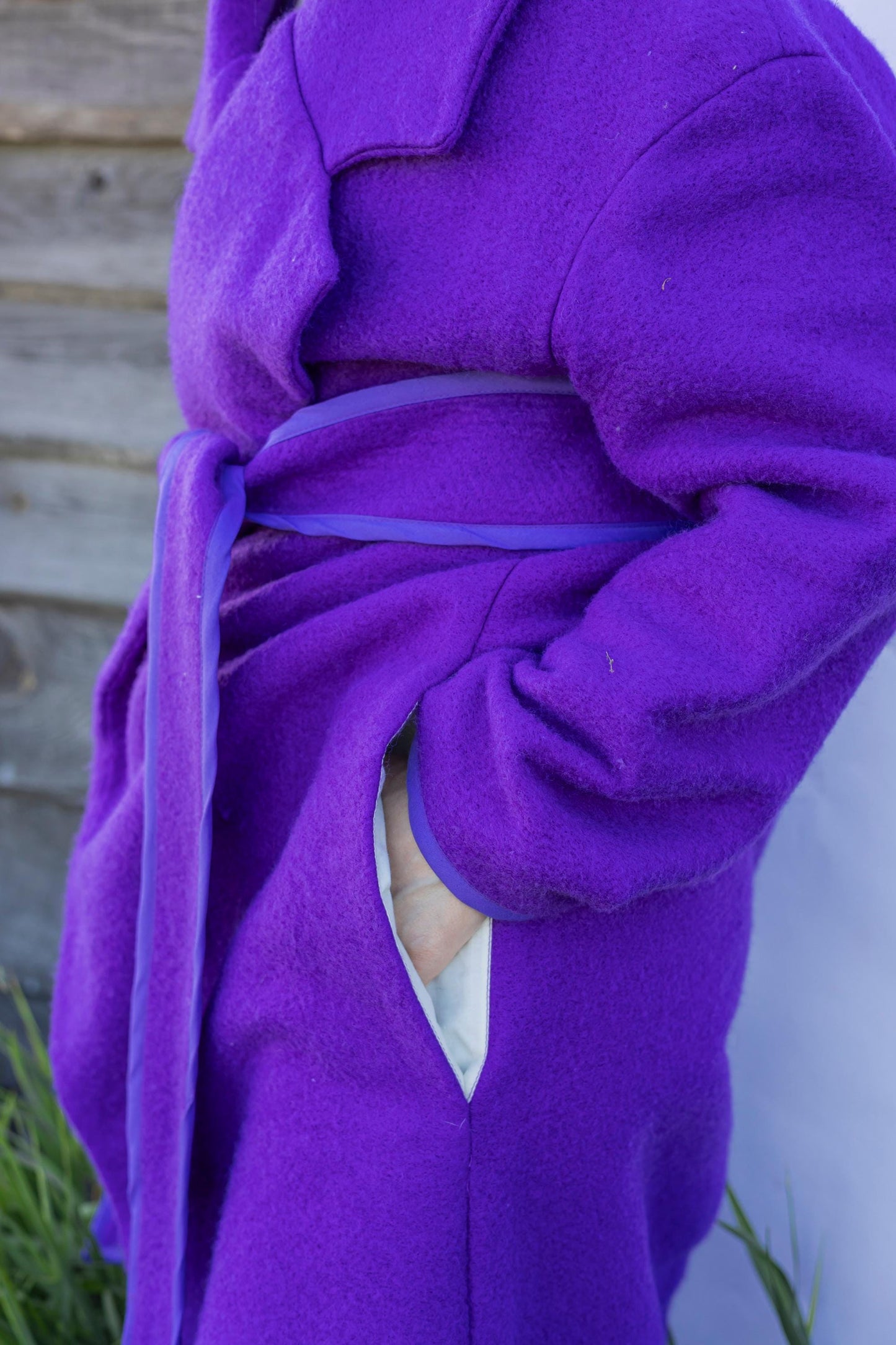 Blanket coat size L 48, bright purple wool jacket, vintage vibrant violet blanket jacket recycled,upcycled handmade blanket long coat women.