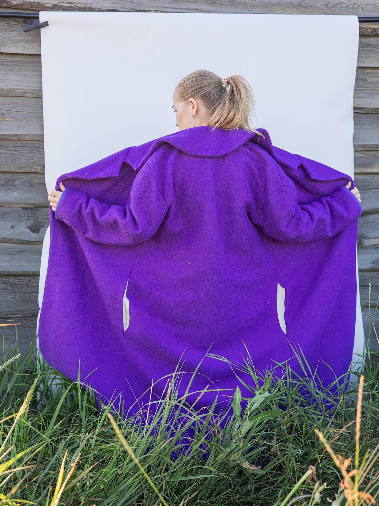 Blanket coat size L 48, bright purple wool jacket, vintage vibrant violet blanket jacket recycled,upcycled handmade blanket long coat women.