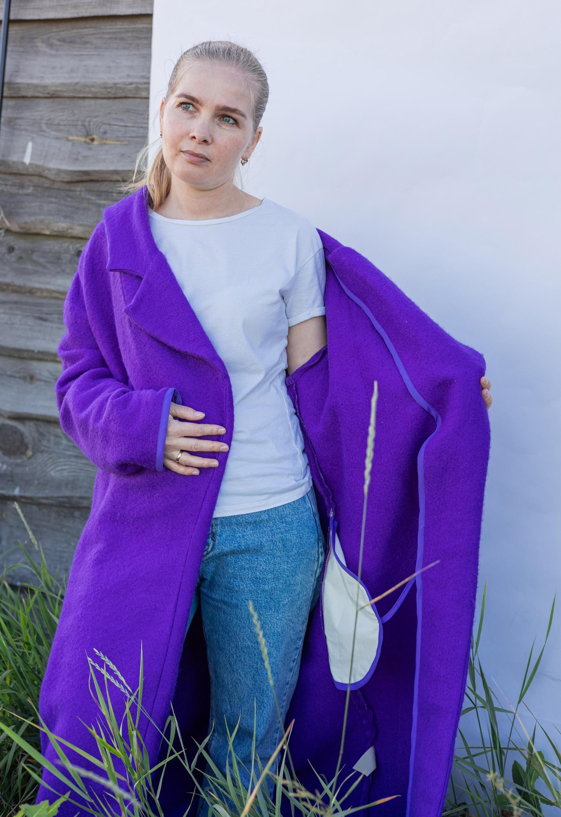 Blanket coat size L 48, bright purple wool jacket, vintage vibrant violet blanket jacket recycled,upcycled handmade blanket long coat women.