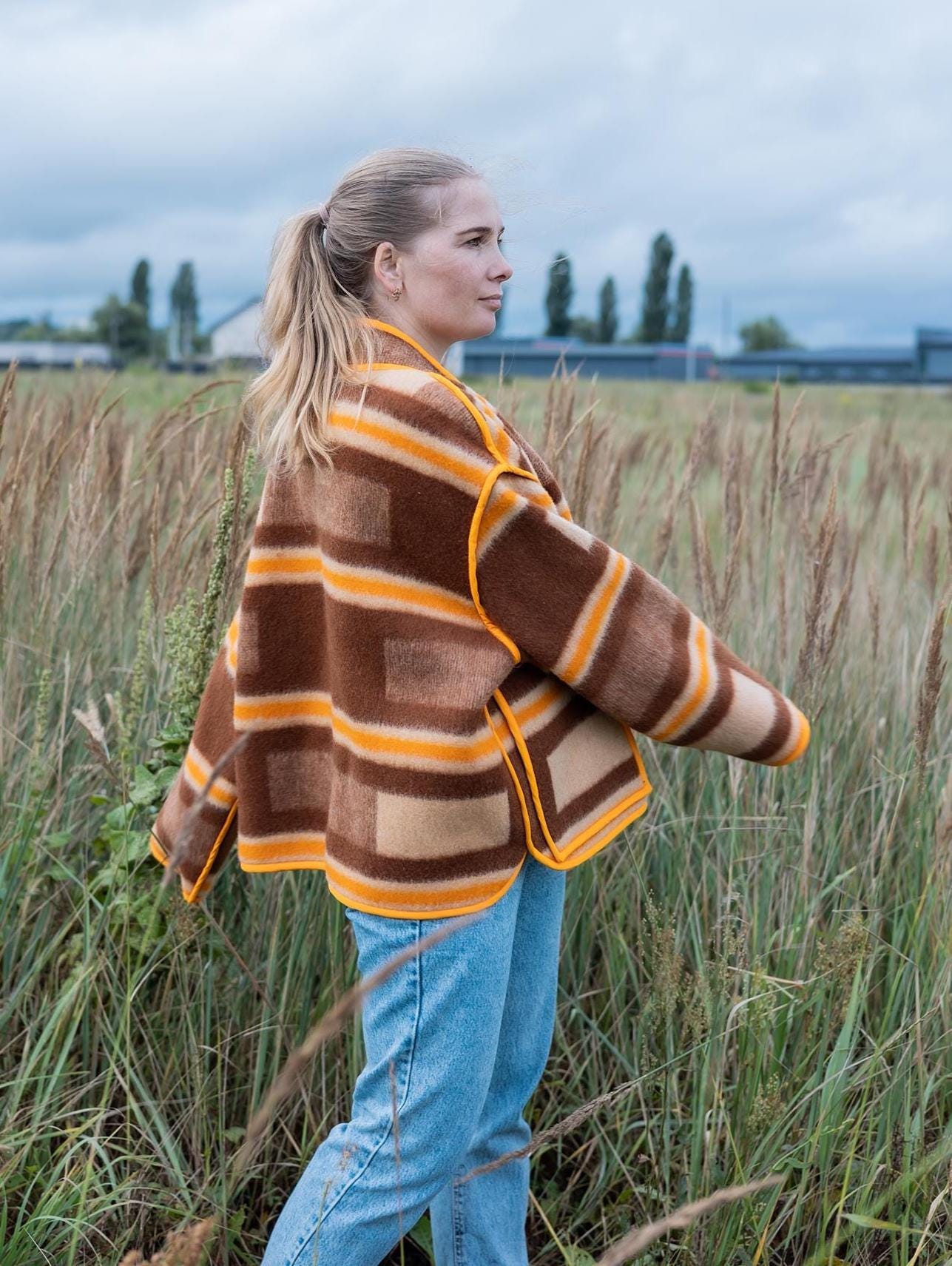Vintage Wool Blanket Jacket L, Handmade Upcycled Coat, Eco Wool Jacket for Women, Brown Orange Recycled Blanket Coat, Oversize Retro Jacket