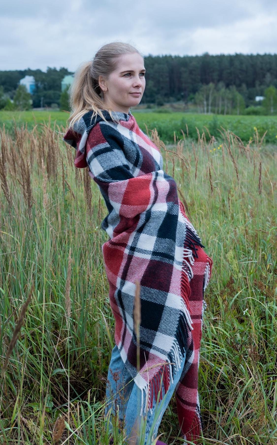 Red plaid poncho with hood, upcycled from vintage wool blanket, cozy checkered cape, handmade poncho for women.
