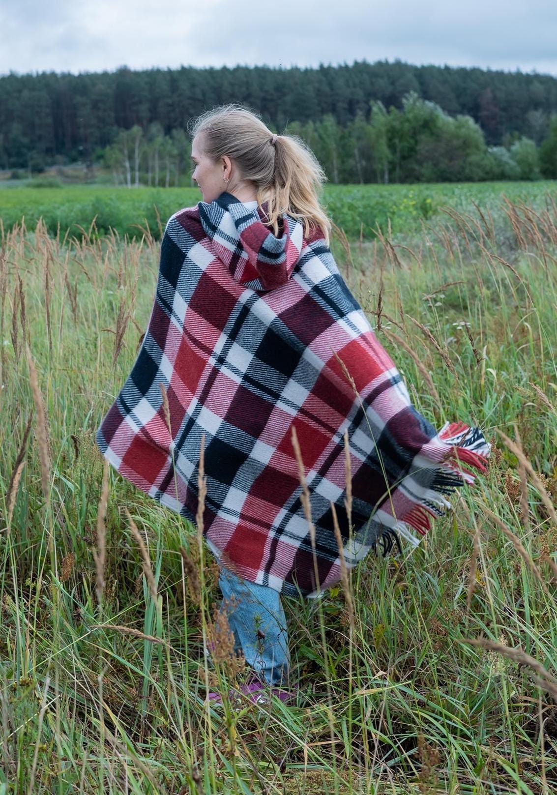 Red plaid poncho with hood, upcycled from vintage wool blanket, cozy checkered cape, handmade poncho for women.