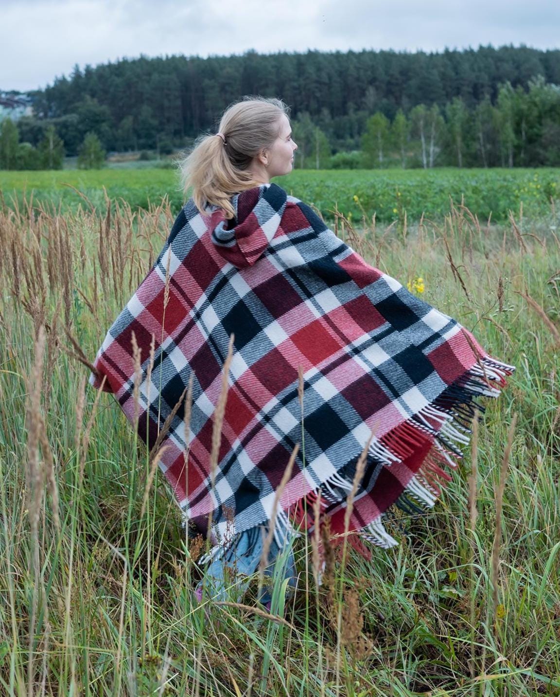 Red plaid poncho with hood, upcycled from vintage wool blanket, cozy checkered cape, handmade poncho for women.