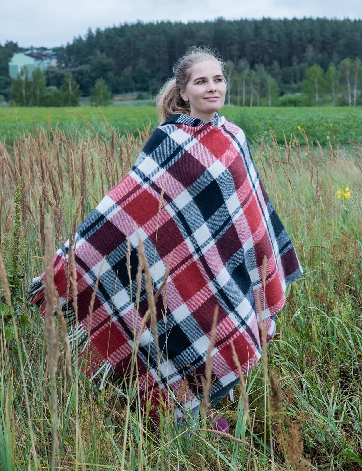 Red plaid poncho with hood, upcycled from vintage wool blanket, cozy checkered cape, handmade poncho for women.