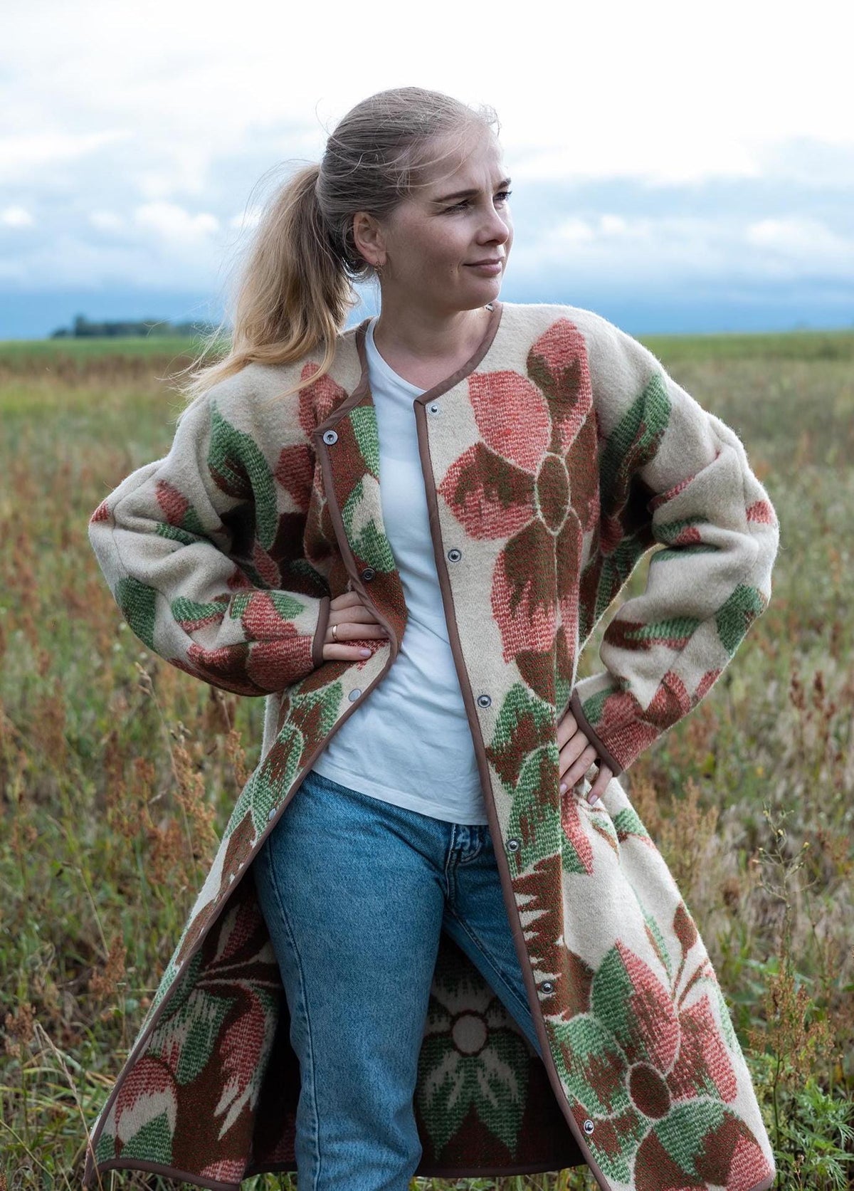 Upcycled Wool Blanket Coat, Floral Tapestry, Boho Overcoat, M/L