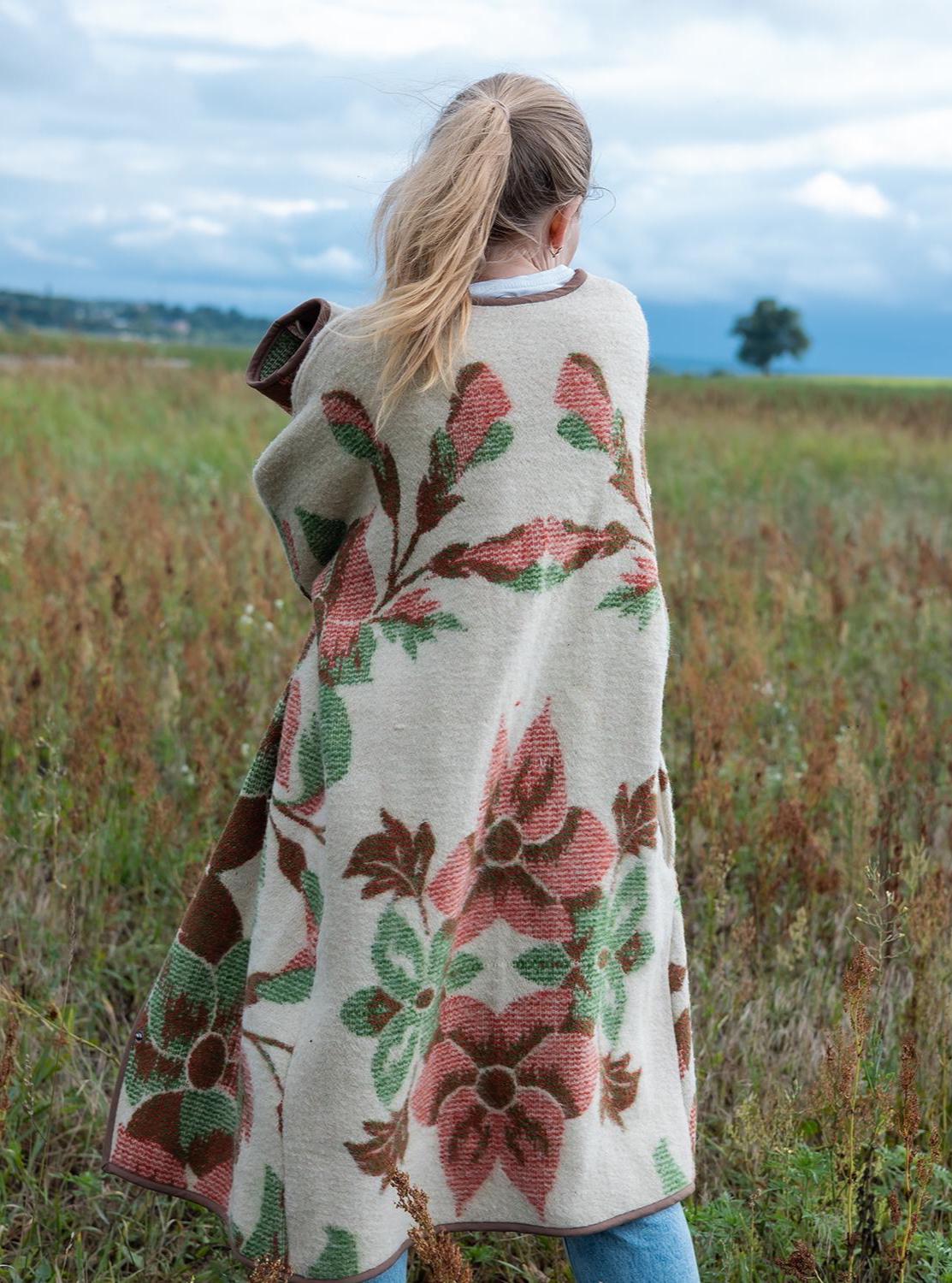 Upcycled Wool Blanket Coat, Floral Tapestry, Boho Overcoat, M/L