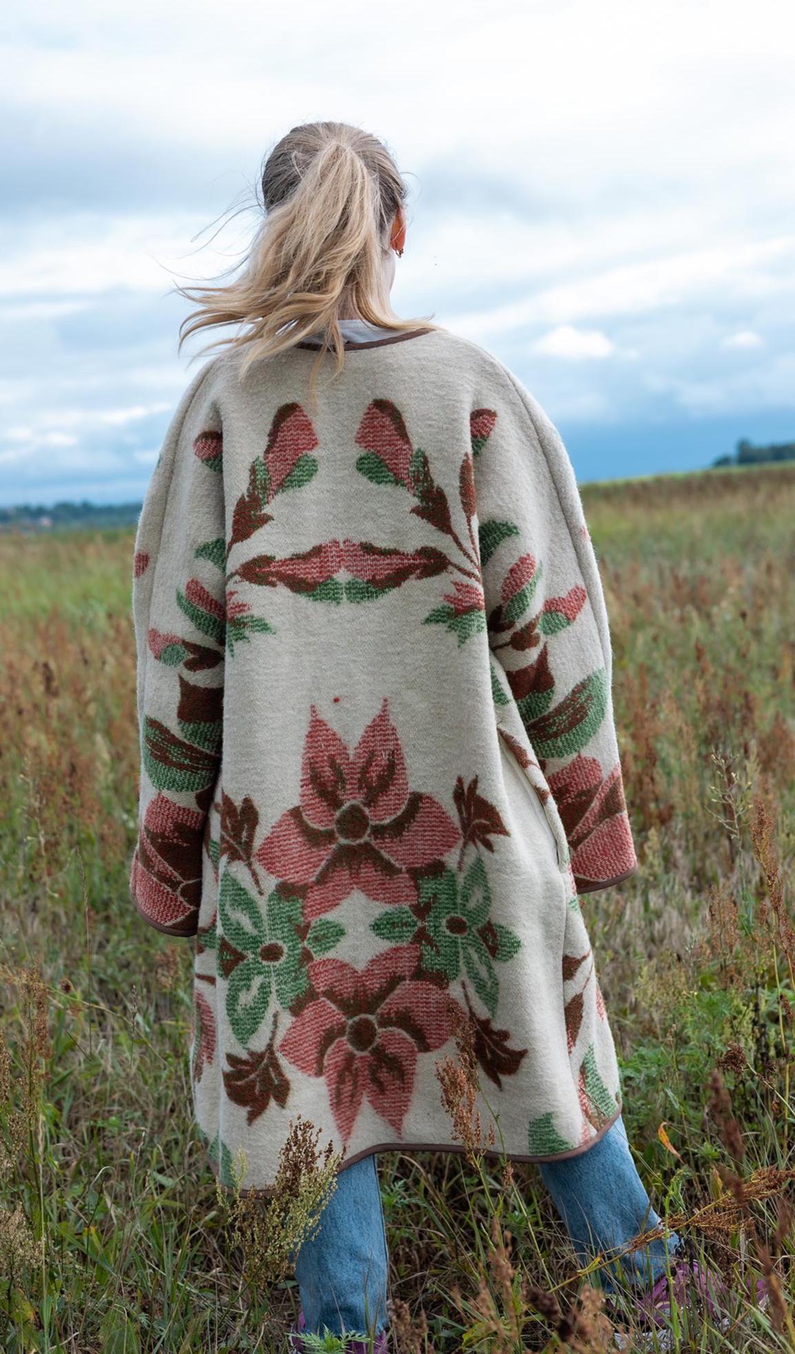 Upcycled Wool Blanket Coat, Floral Tapestry, Boho Overcoat, M/L