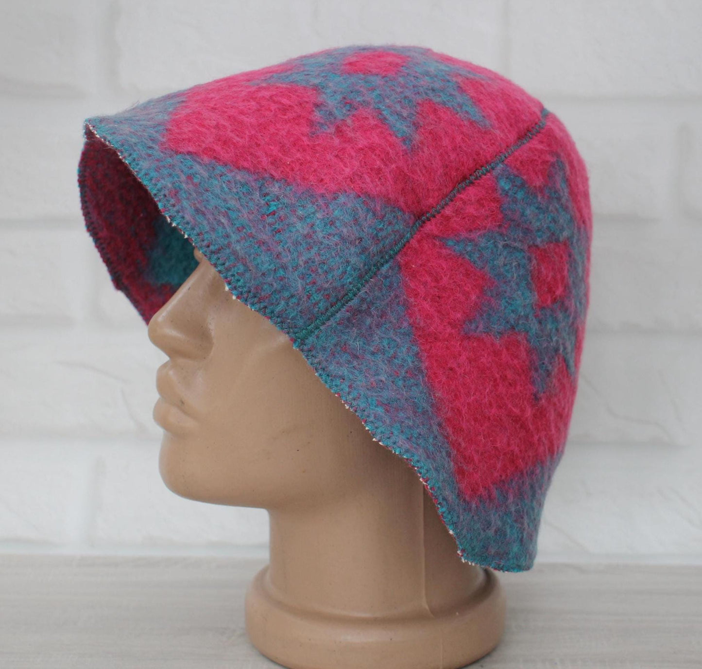 Blue Wool Sauna Hat with Floral, Handmade from Upcycled Vintage Blanket, Unisex Spa Hat,Spa Wellness Accessory,Unique Gift for Sauna.