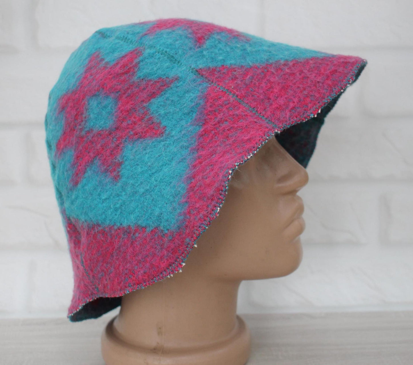 Blue Wool Sauna Hat with Floral, Handmade from Upcycled Vintage Blanket, Unisex Spa Hat,Spa Wellness Accessory,Unique Gift for Sauna.