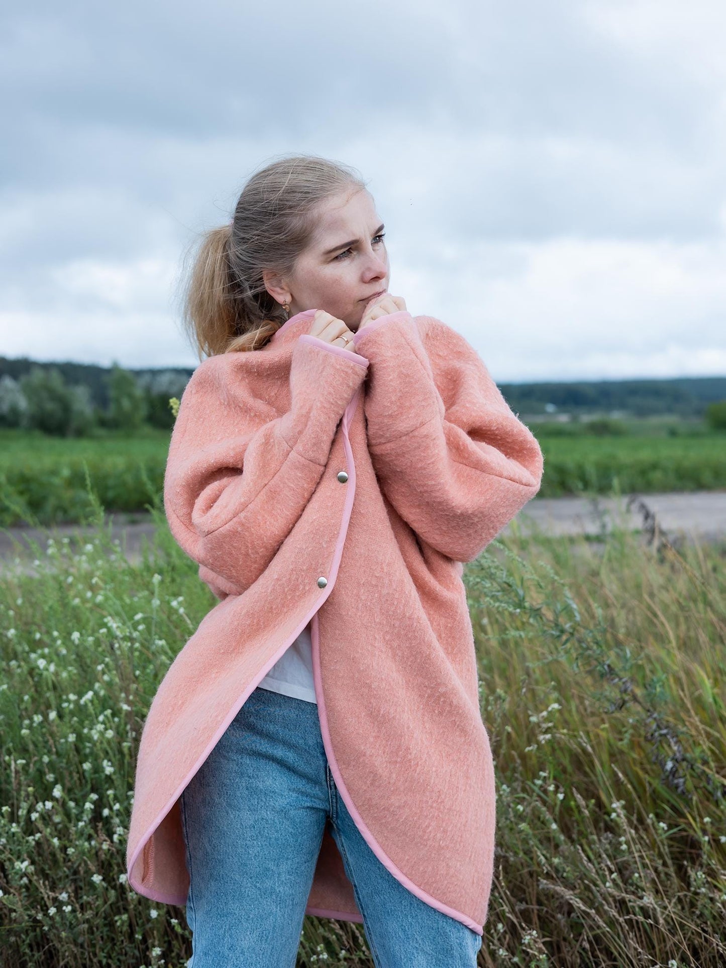 Handmade Pink Wool Coat M L, Upcycled Vintage Blanket Jacket, Oversized Cardigan, Soft Boho Outerwear, Women’s Warm Wool Coat