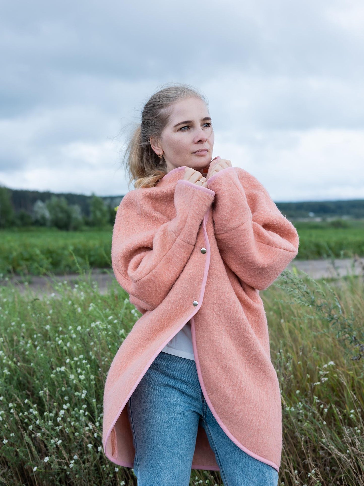 Handmade Pink Wool Coat M L, Upcycled Vintage Blanket Jacket, Oversized Cardigan, Soft Boho Outerwear, Women’s Warm Wool Coat