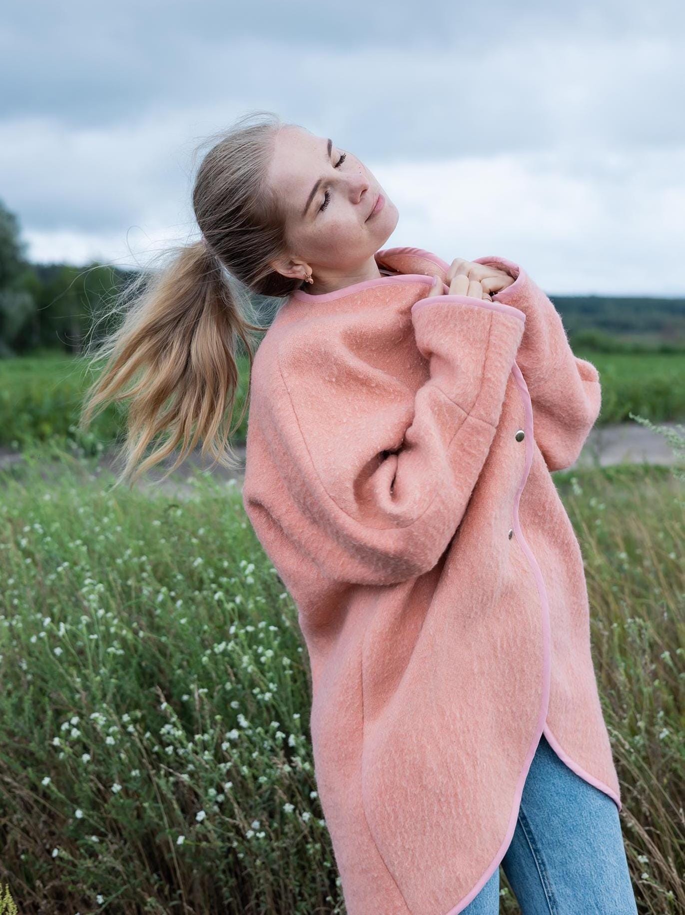 Handmade Pink Wool Coat M L, Upcycled Vintage Blanket Jacket, Oversized Cardigan, Soft Boho Outerwear, Women’s Warm Wool Coat