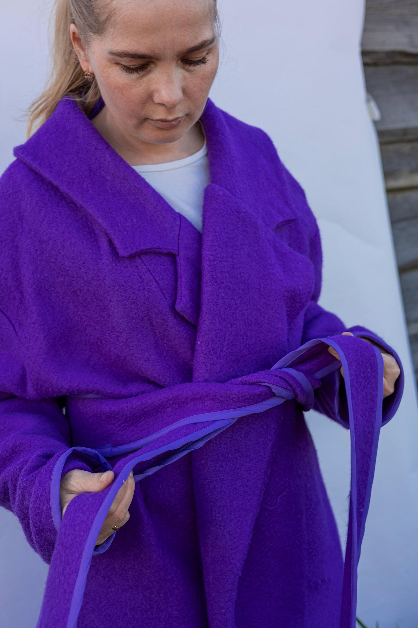 Blanket coat size L 48, bright purple wool jacket, vintage vibrant violet blanket jacket recycled,upcycled handmade blanket long coat women.