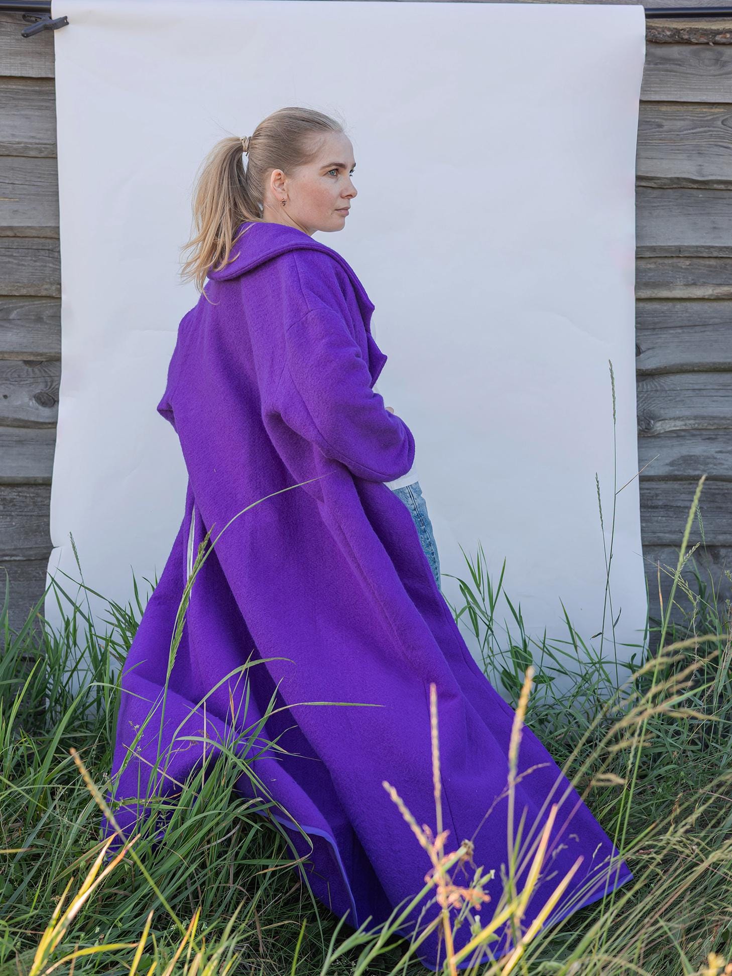 Blanket coat size L 48, bright purple wool jacket, vintage vibrant violet blanket jacket recycled,upcycled handmade blanket long coat women.