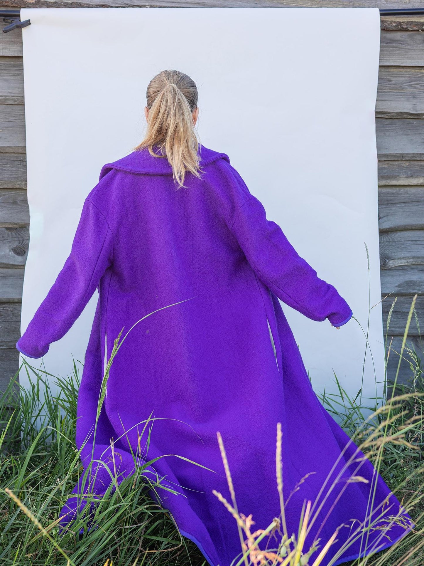 Blanket coat size L 48, bright purple wool jacket, vintage vibrant violet blanket jacket recycled,upcycled handmade blanket long coat women.