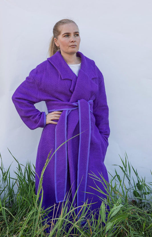 Blanket coat size L 48, bright purple wool jacket, vintage vibrant violet blanket jacket recycled,upcycled handmade blanket long coat women.