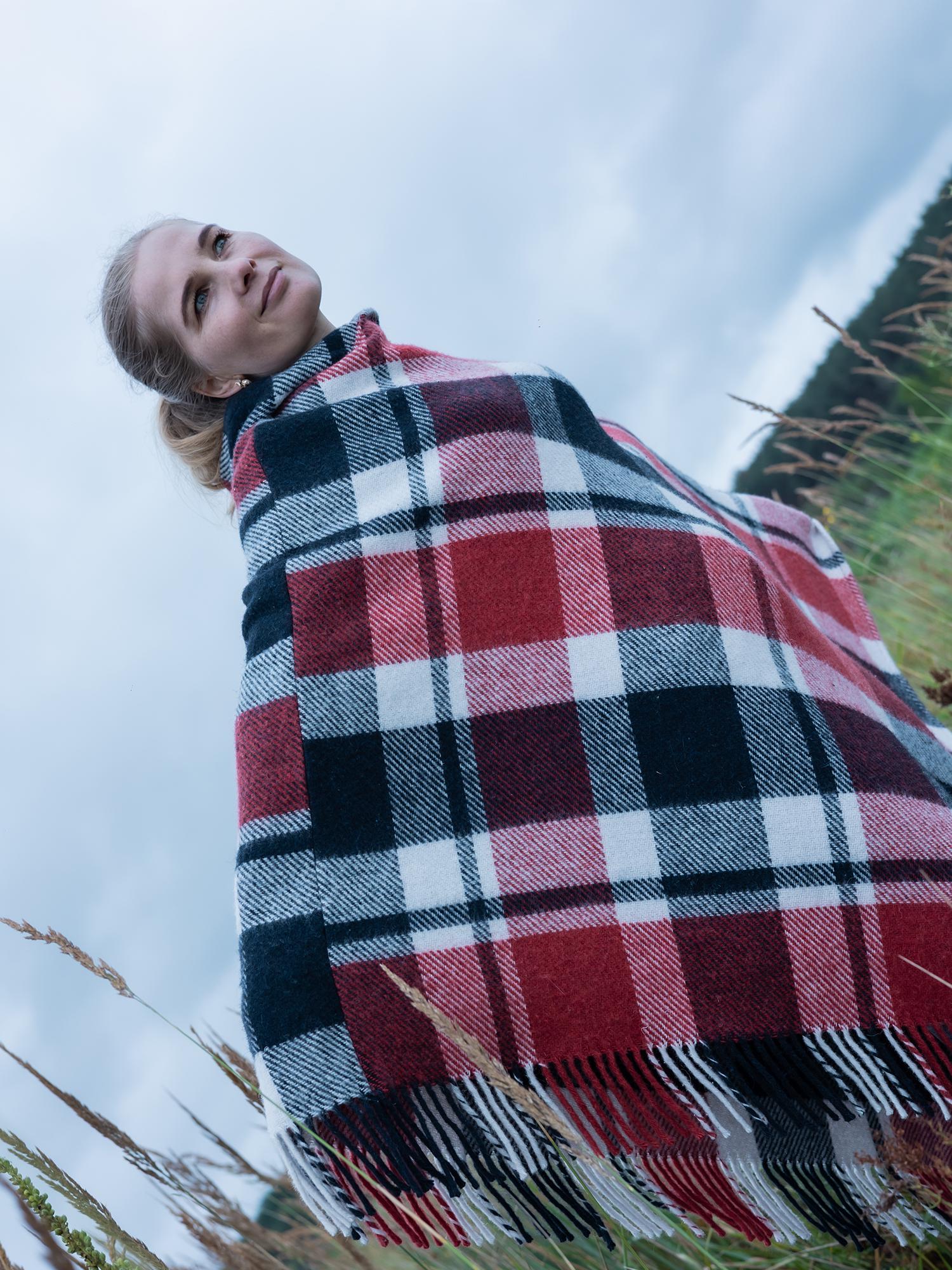 Red plaid poncho with hood, upcycled from vintage wool blanket, cozy checkered cape, handmade poncho for women.