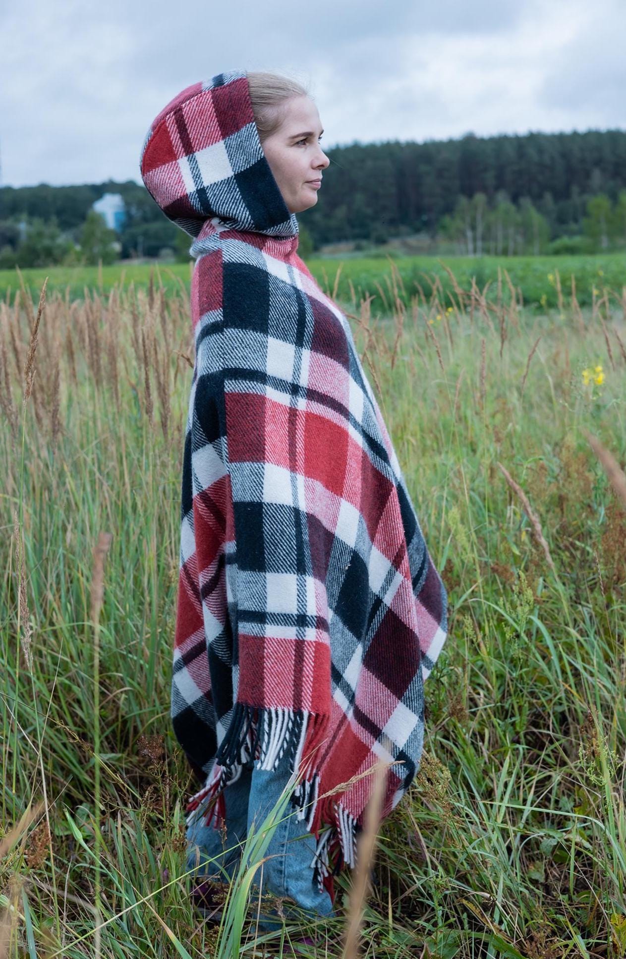 Red plaid poncho with hood, upcycled from vintage wool blanket, cozy checkered cape, handmade poncho for women.