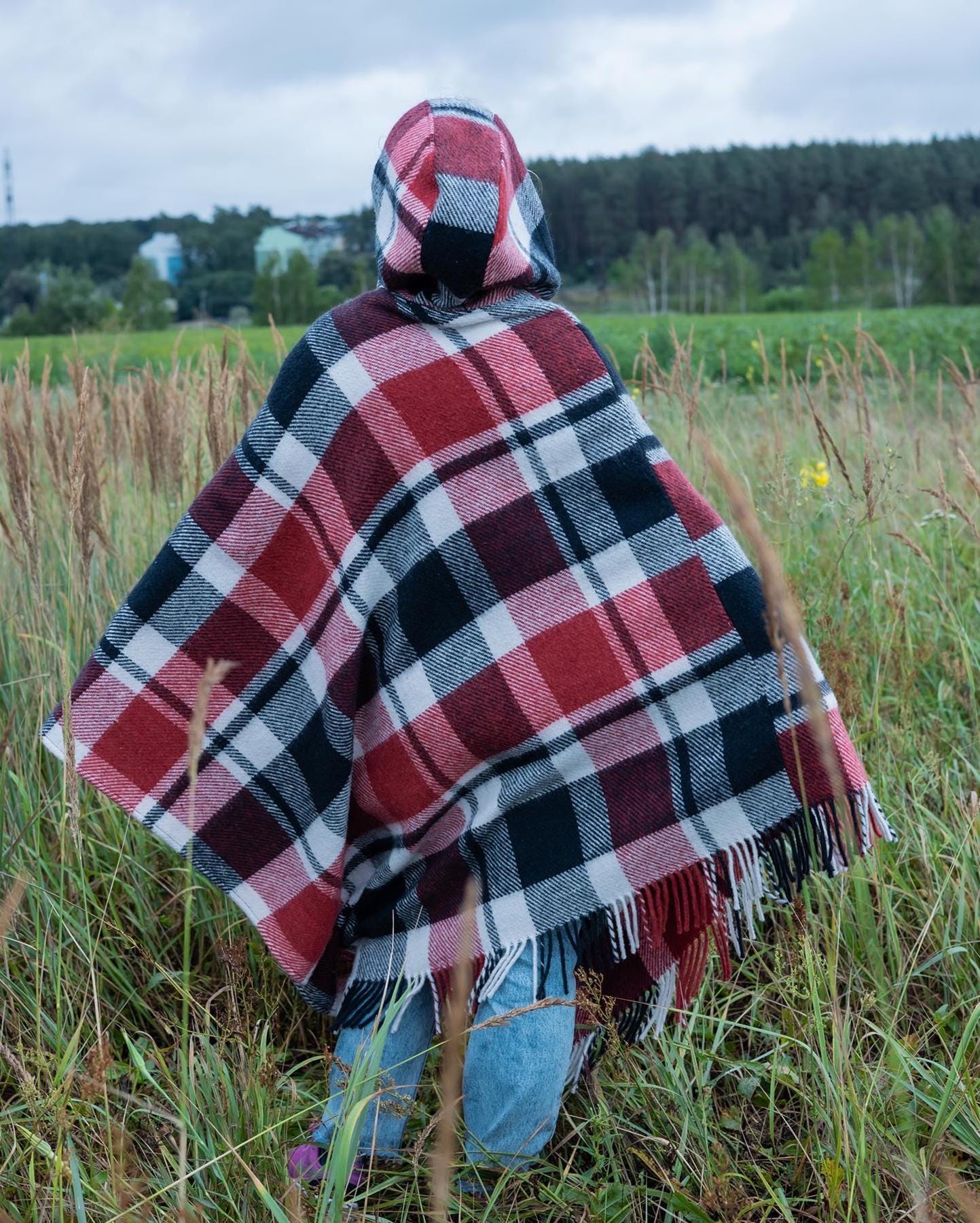 Red plaid poncho with hood, upcycled from vintage wool blanket, cozy checkered cape, handmade poncho for women.