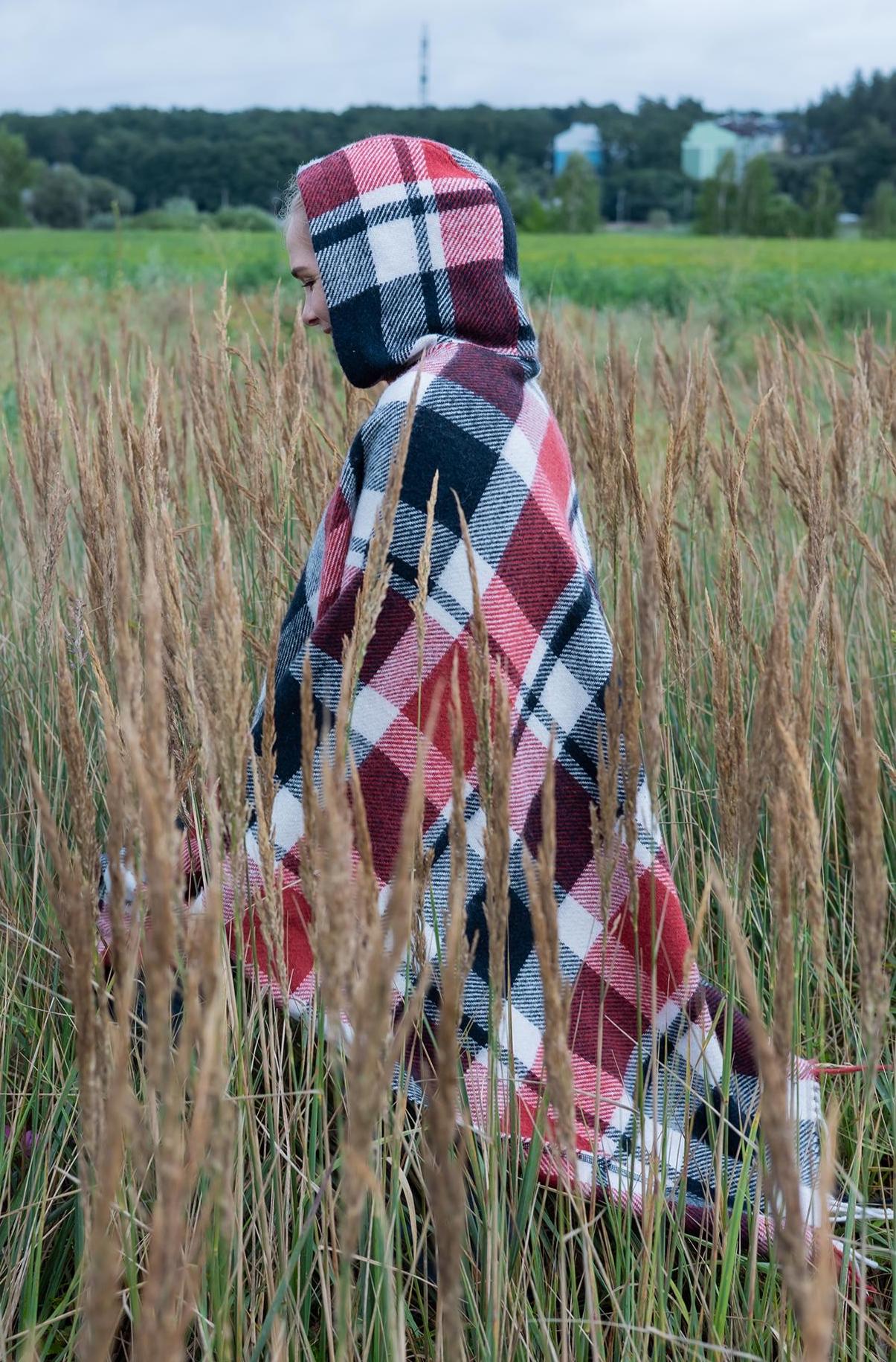 Red plaid poncho with hood, upcycled from vintage wool blanket, cozy checkered cape, handmade poncho for women.