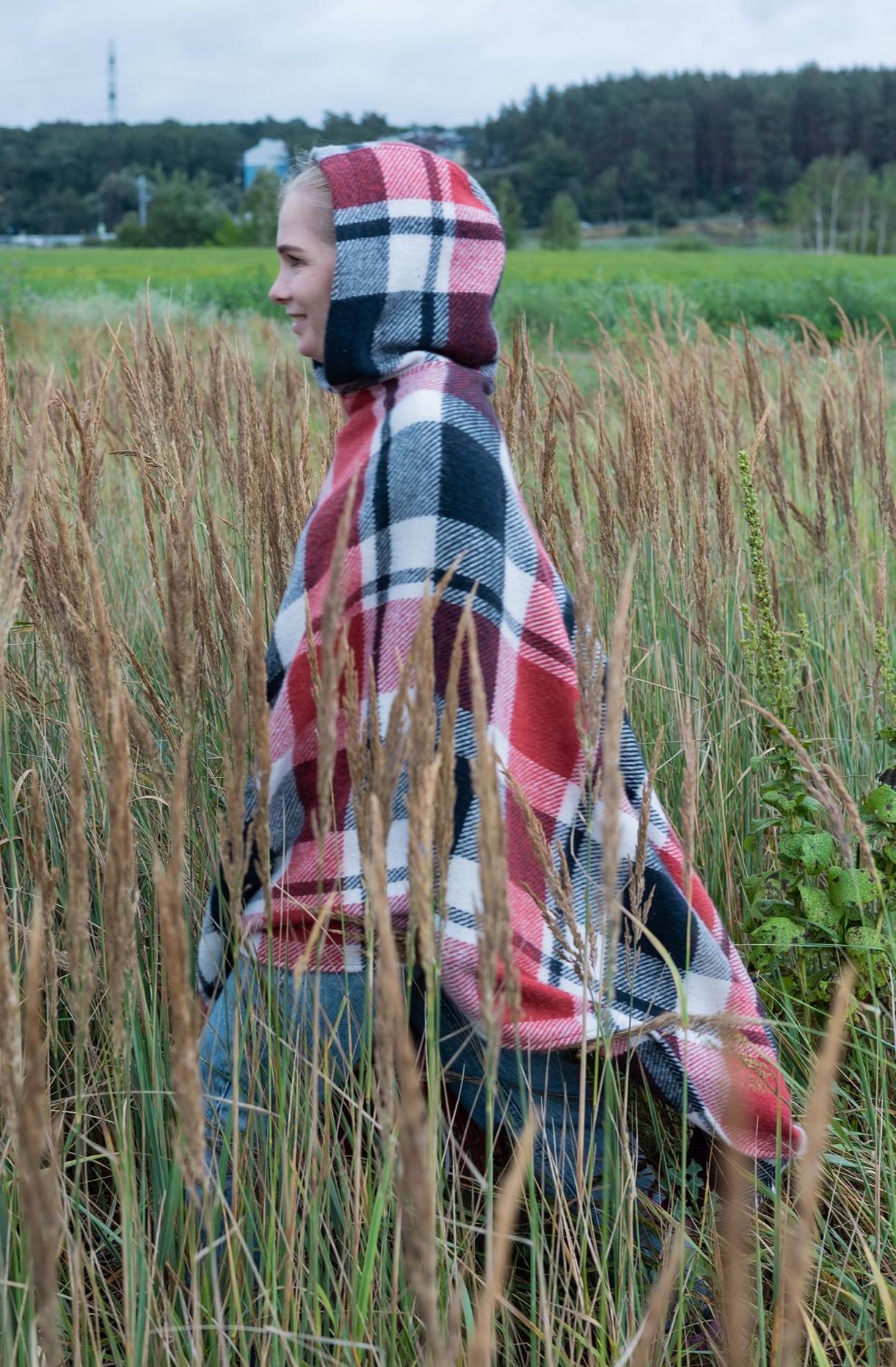 Red plaid poncho with hood, upcycled from vintage wool blanket, cozy checkered cape, handmade poncho for women.