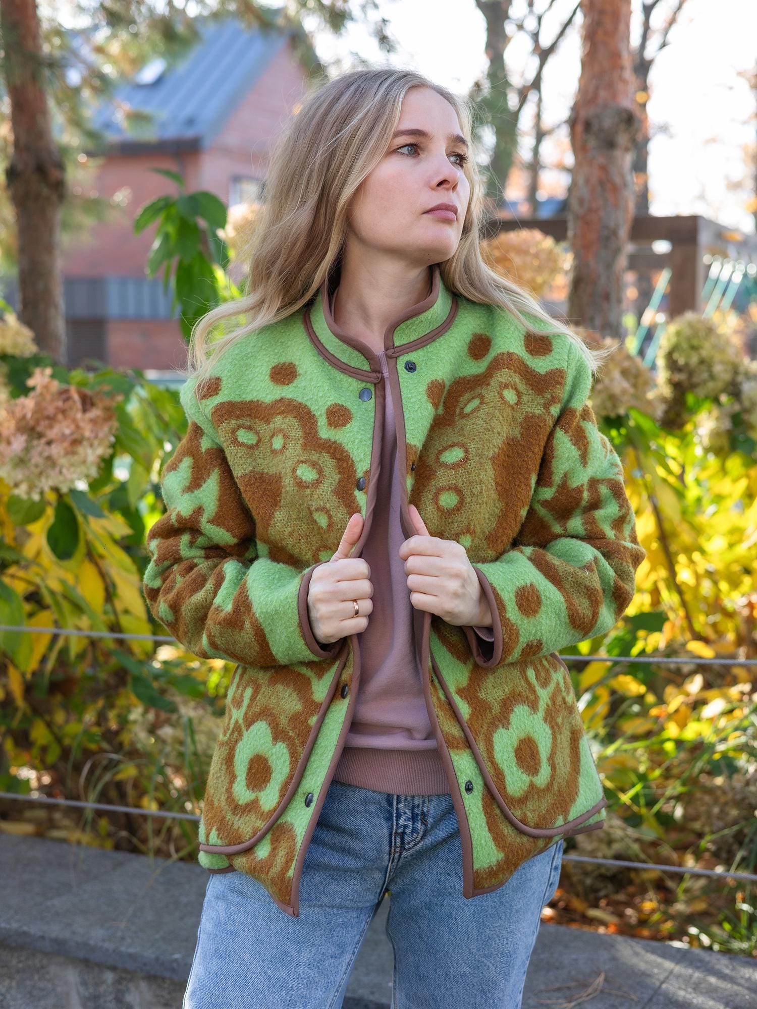 Vintage Blanket Jacket with Pockets and Lining, Upcycled Wool Coat, Green Brown Floral Size 44
