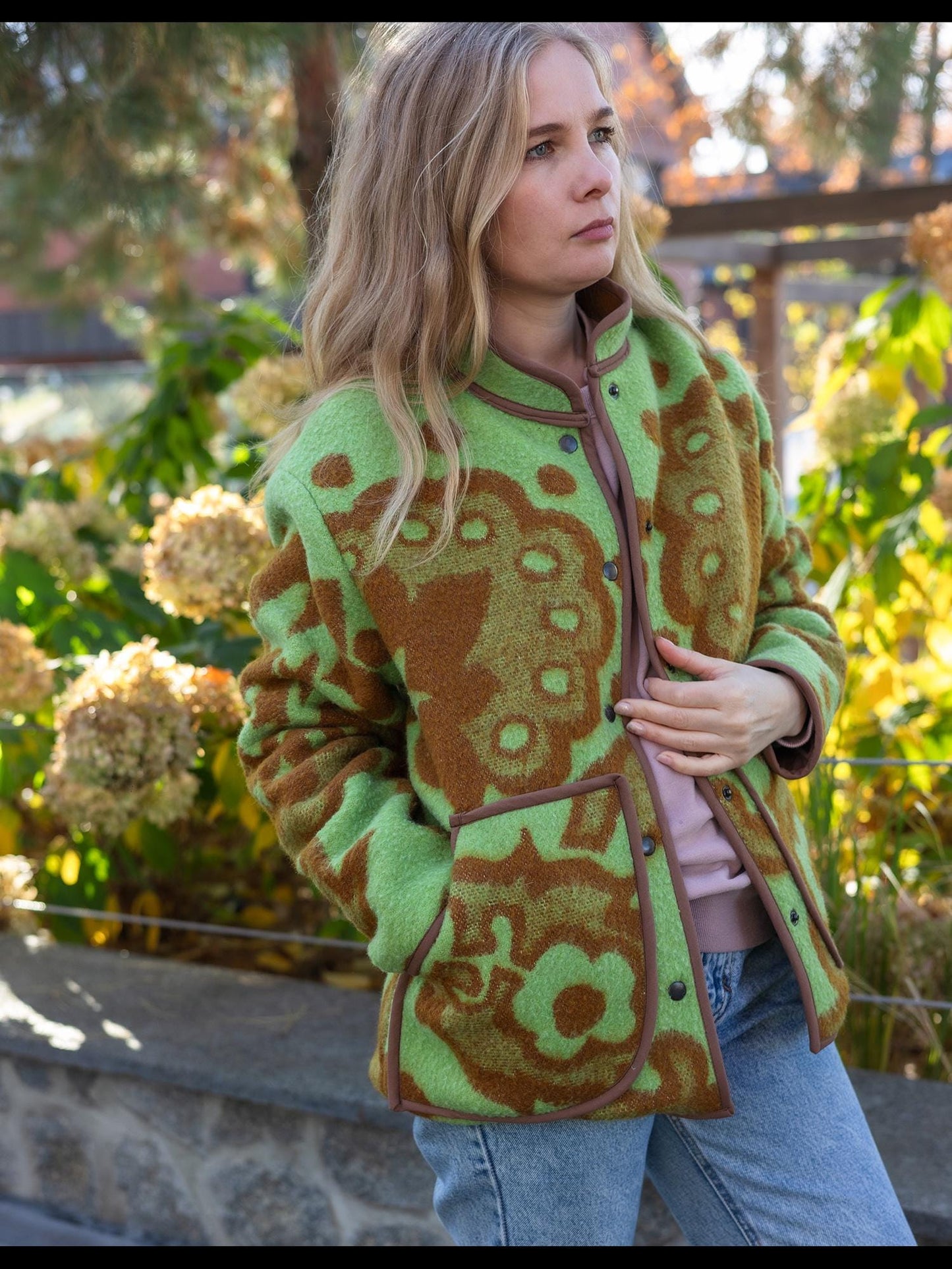Vintage Blanket Jacket with Pockets and Lining, Upcycled Wool Coat, Green Brown Floral Size 44