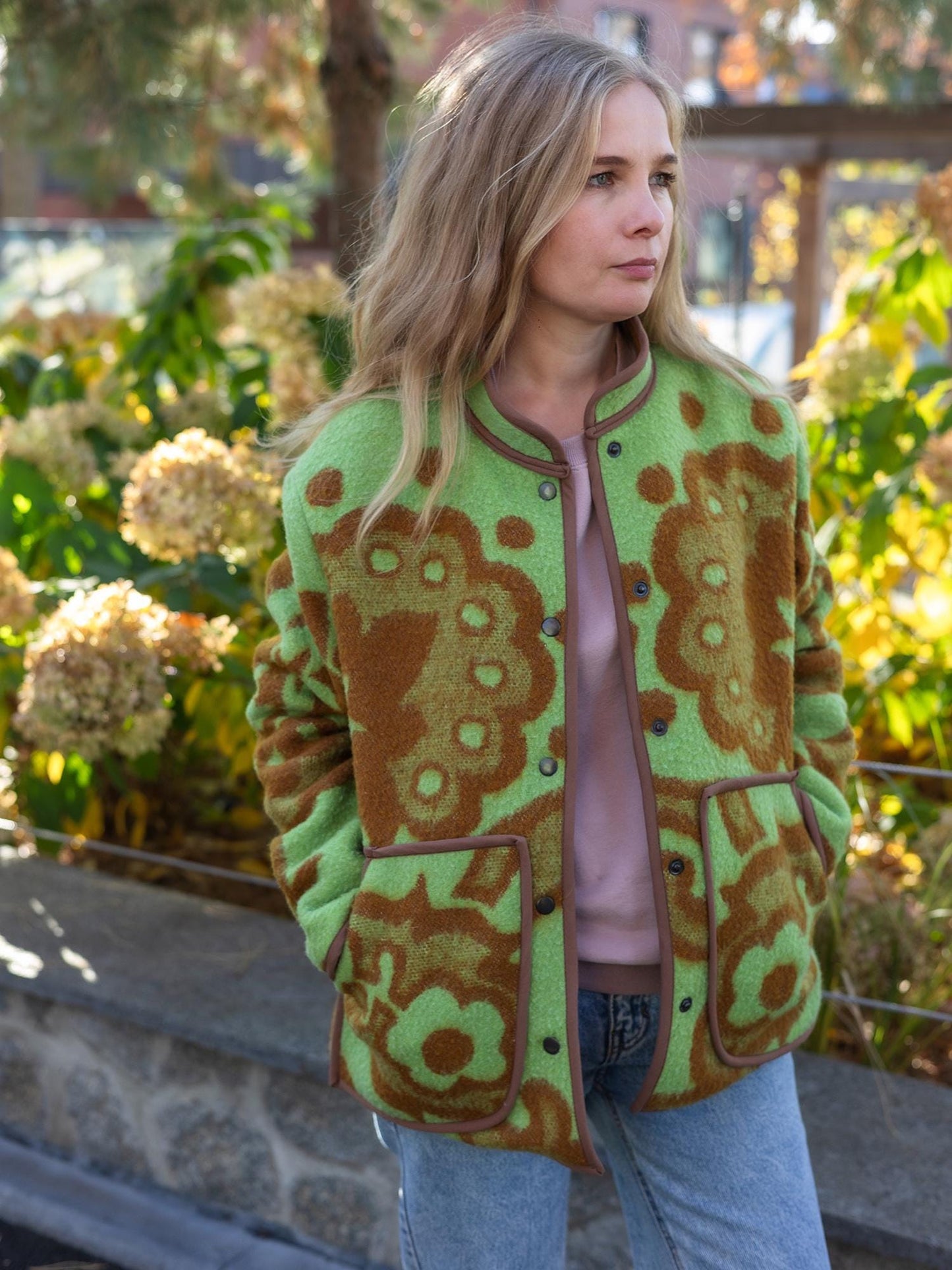 Vintage Blanket Jacket with Pockets and Lining, Upcycled Wool Coat, Green Brown Floral Size 44