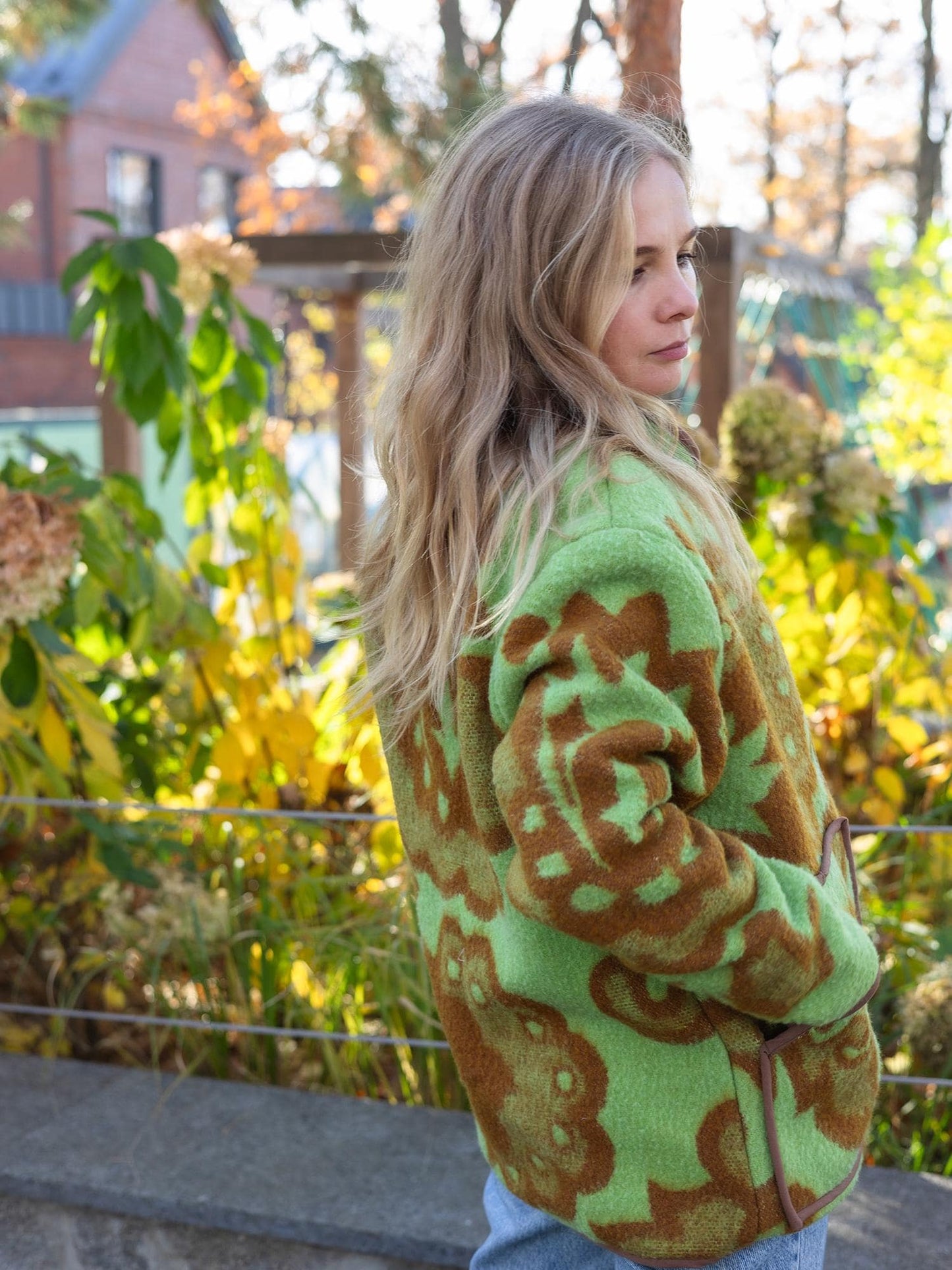 Vintage Blanket Jacket with Pockets and Lining, Upcycled Wool Coat, Green Brown Floral Size 44