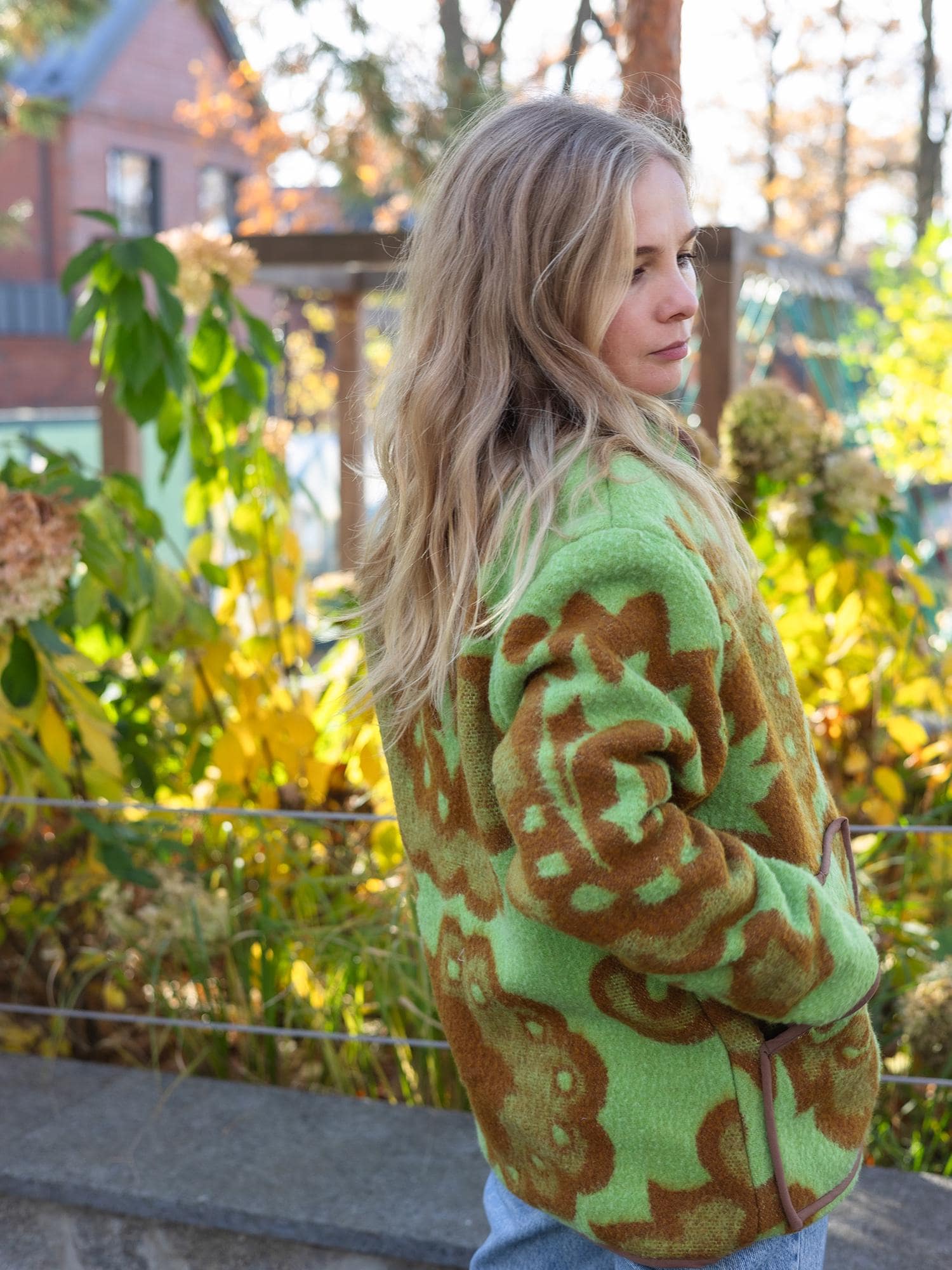 Vintage Blanket Jacket with Pockets and Lining, Upcycled Wool Coat, Green Brown Floral Size 44