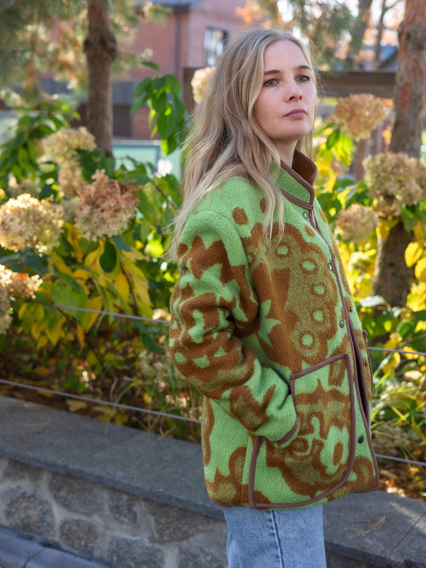 Vintage Blanket Jacket with Pockets and Lining, Upcycled Wool Coat, Green Brown Floral Size 44