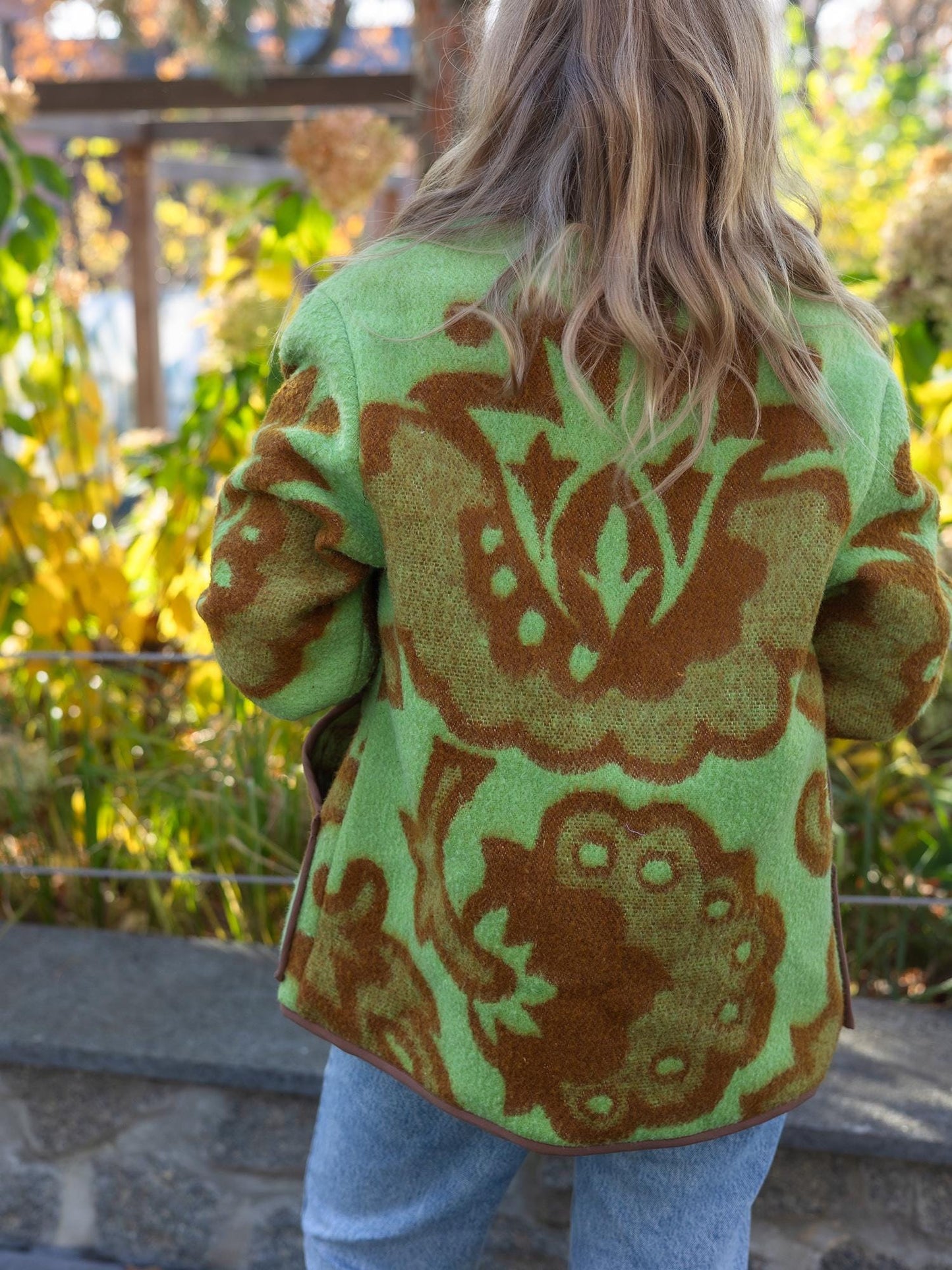 Vintage Blanket Jacket with Pockets and Lining, Upcycled Wool Coat, Green Brown Floral Size 44