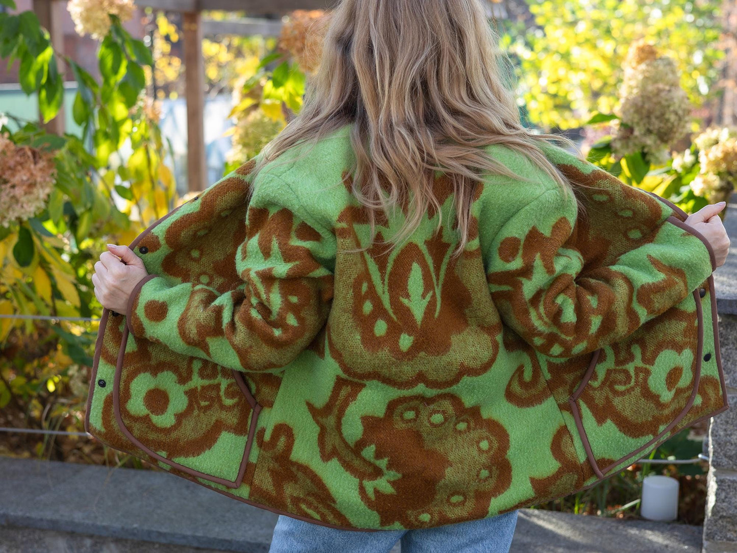 Vintage Blanket Jacket with Pockets and Lining, Upcycled Wool Coat, Green Brown Floral Size 44