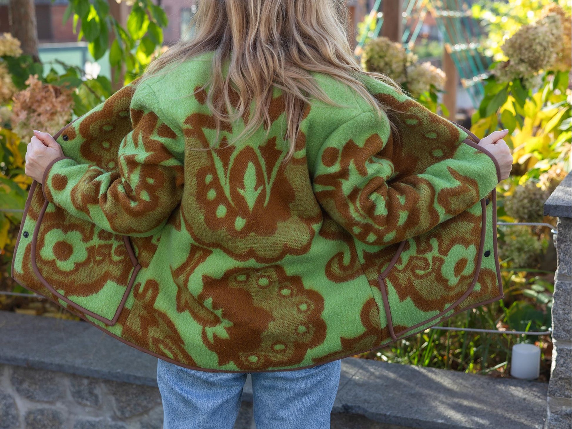 Vintage Blanket Jacket with Pockets and Lining, Upcycled Wool Coat, Green Brown Floral Size 44