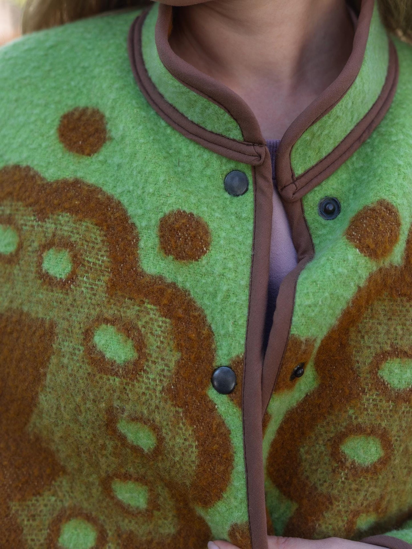 Vintage Blanket Jacket with Pockets and Lining, Upcycled Wool Coat, Green Brown Floral Size 44