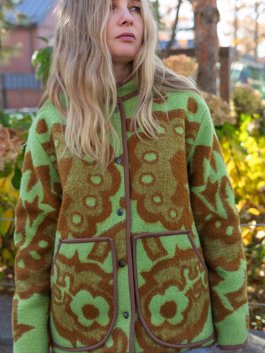 Vintage Blanket Jacket with Pockets and Lining, Upcycled Wool Coat, Green Brown Floral Size 44