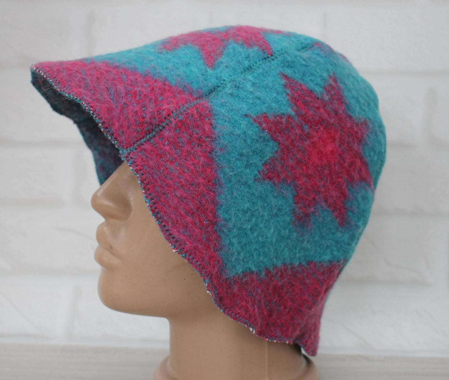 Blue Wool Sauna Hat with Floral, Handmade from Upcycled Vintage Blanket, Unisex Spa Hat,Spa Wellness Accessory,Unique Gift for Sauna.