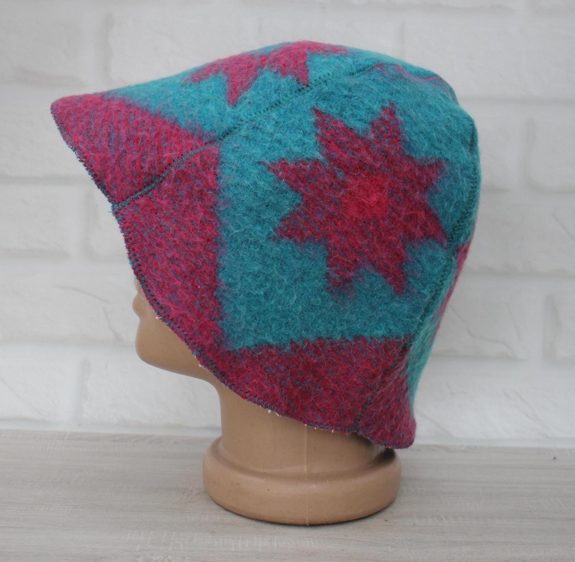 Blue Wool Sauna Hat with Floral, Handmade from Upcycled Vintage Blanket, Unisex Spa Hat,Spa Wellness Accessory,Unique Gift for Sauna.