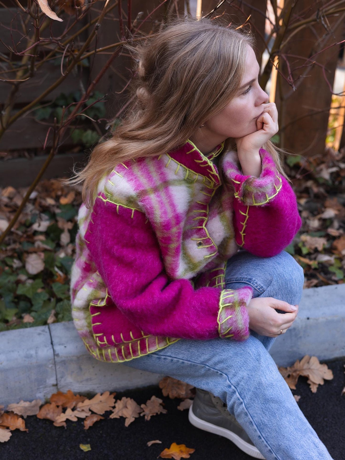 Wool Blanket Jacket Pink Green, Upcycled Coat, Handmade Oversized Plaid Jacket S/M