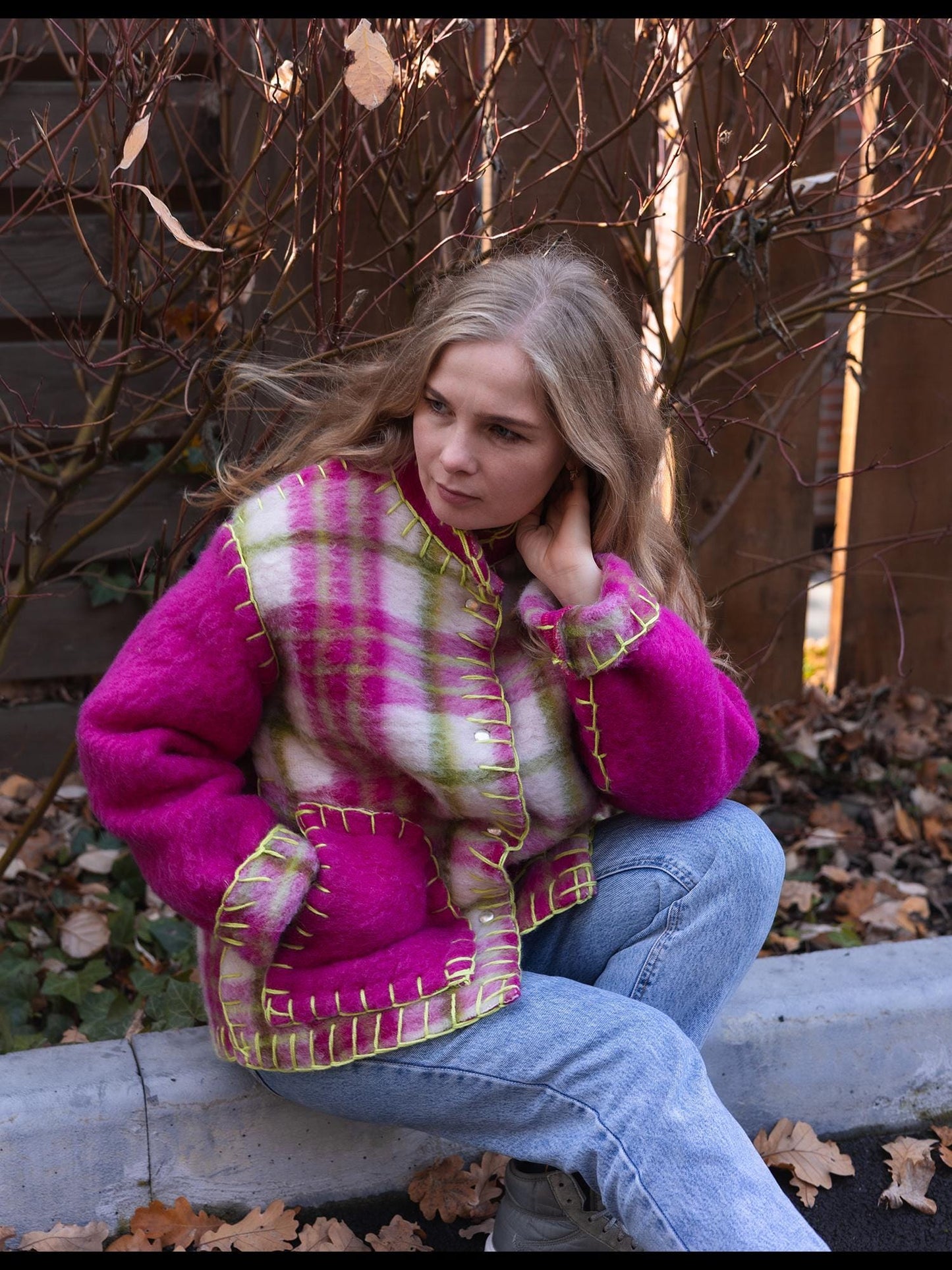 Wool Blanket Jacket Pink Green, Upcycled Coat, Handmade Oversized Plaid Jacket S/M
