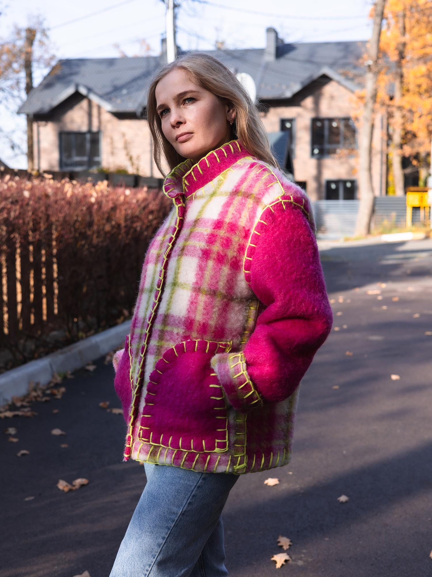 Wool Blanket Jacket Pink Green, Upcycled Coat, Handmade Oversized Plaid Jacket S/M