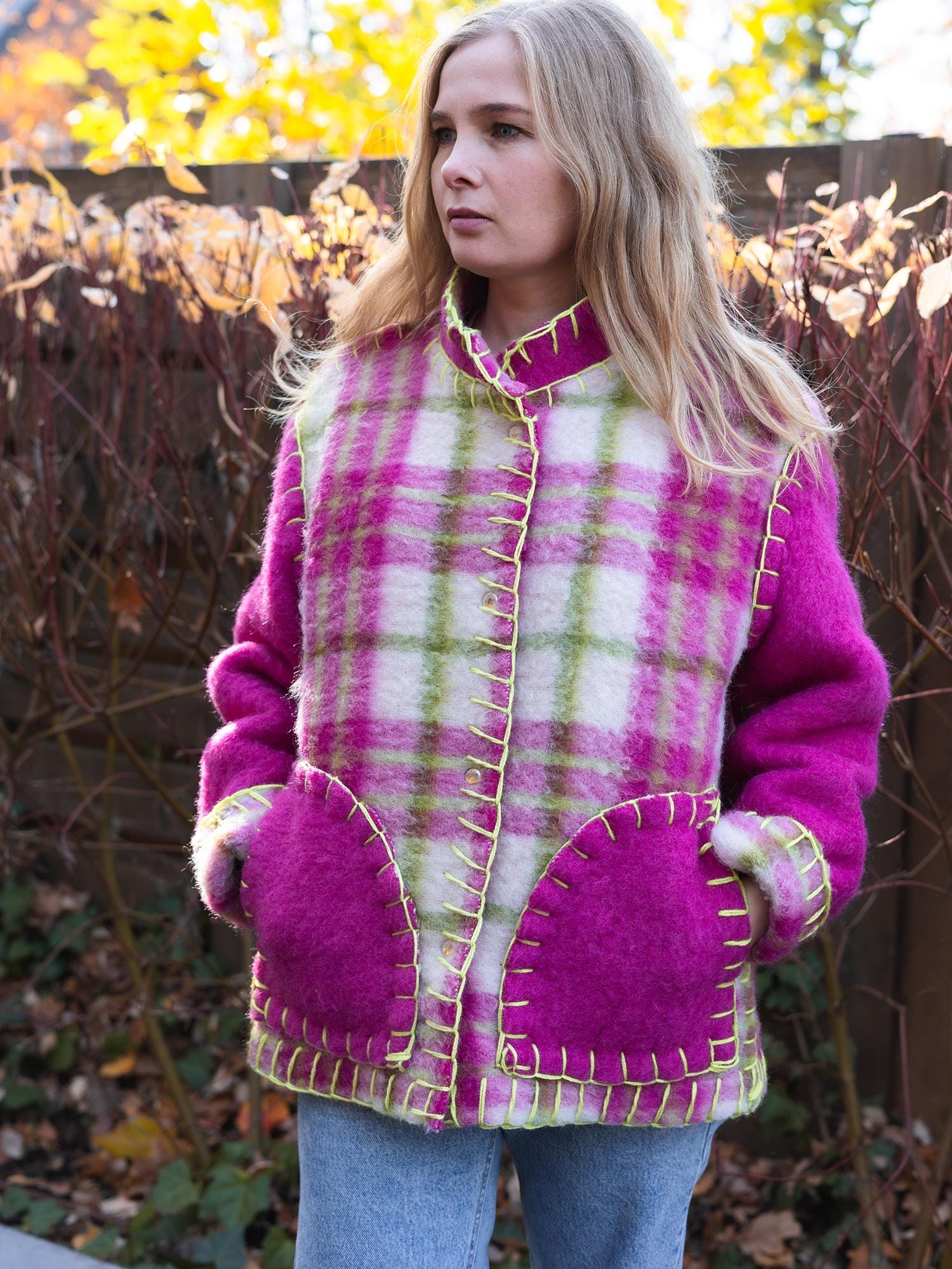 Wool Blanket Jacket Pink Green, Upcycled Coat, Handmade Oversized Plaid Jacket S/M