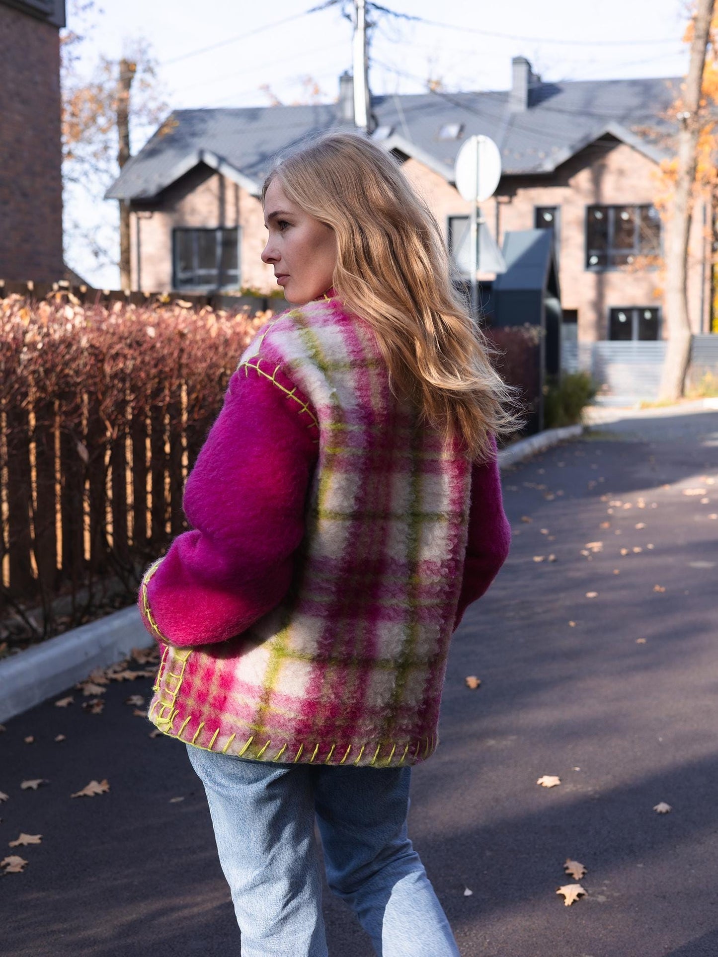 Wool Blanket Jacket Pink Green, Upcycled Coat, Handmade Oversized Plaid Jacket S/M
