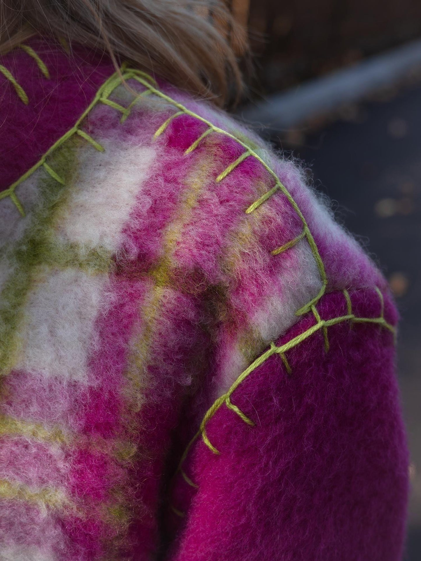 Wool Blanket Jacket Pink Green, Upcycled Coat, Handmade Oversized Plaid Jacket S/M